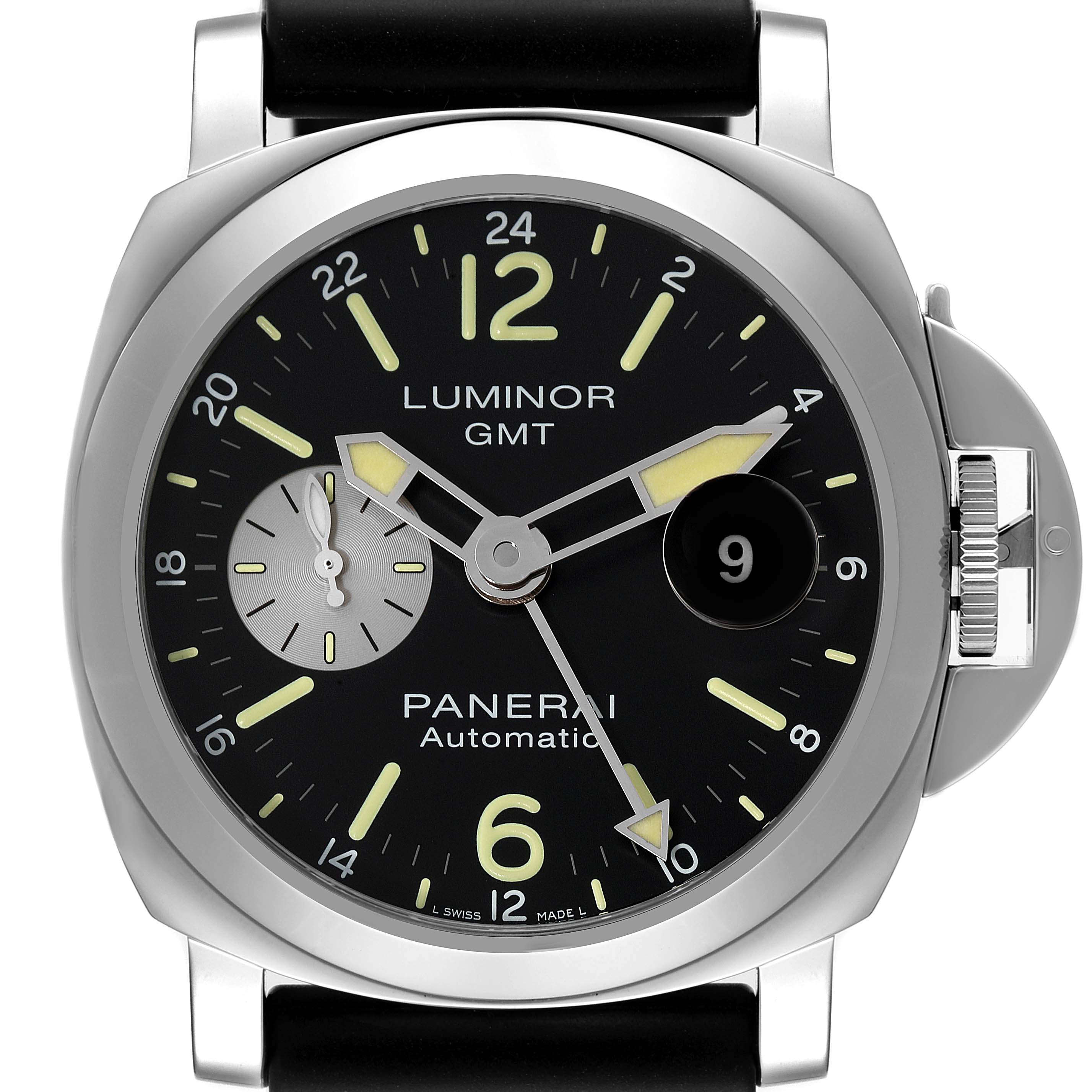 This Panerai Luminor PAM01088 Men
s Stainless Steel Black Dial PAM01088 Men
s Stainless Steel Black Dial watch is shown from a frontal angle, displaying its face, hands, date window, and crown guard.