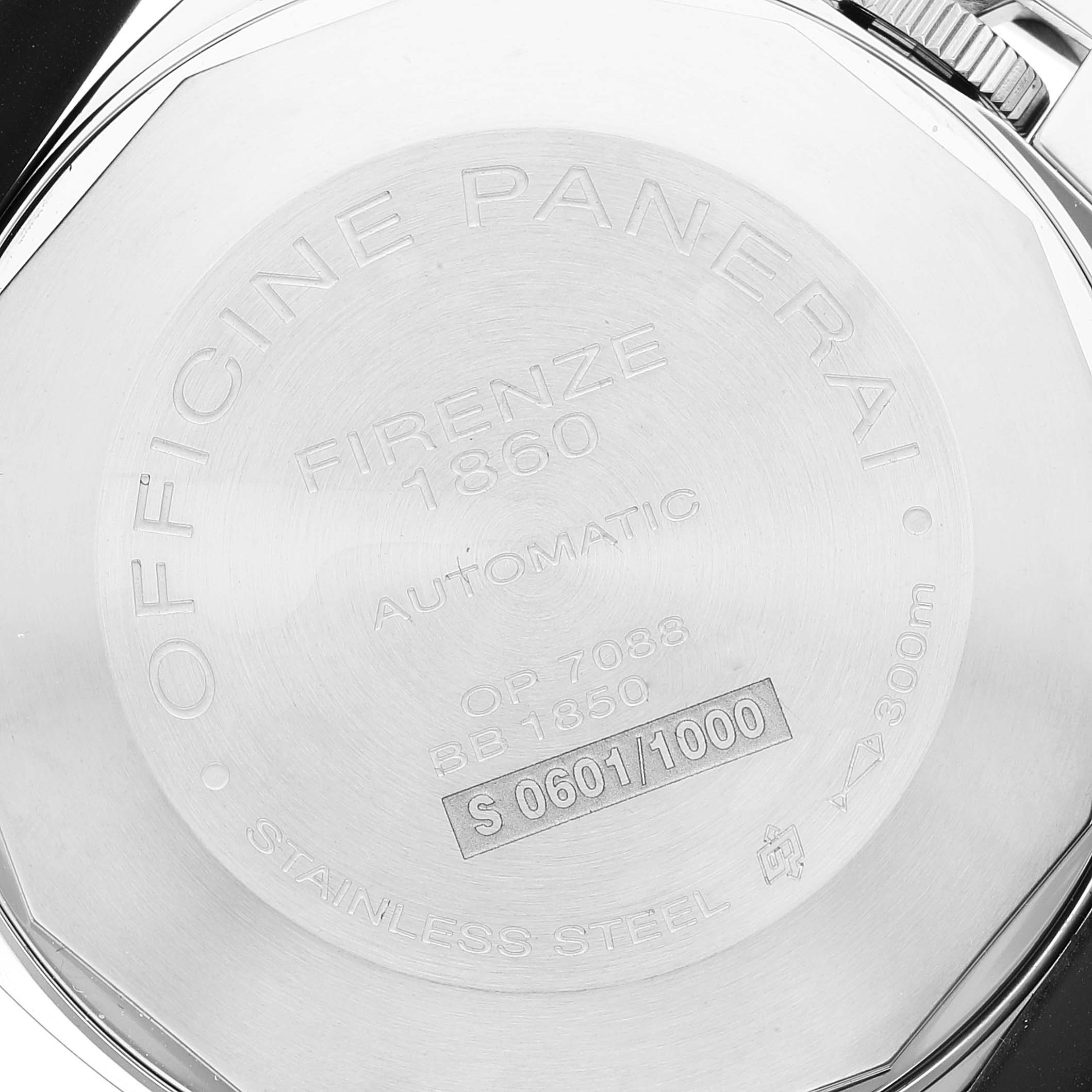 This is an image of the back case of a Panerai Luminor PAM01088 Men
s Stainless Steel Black Dial PAM01088 Men
s Stainless Steel Black Dial watch, showing engravings and the serial number.