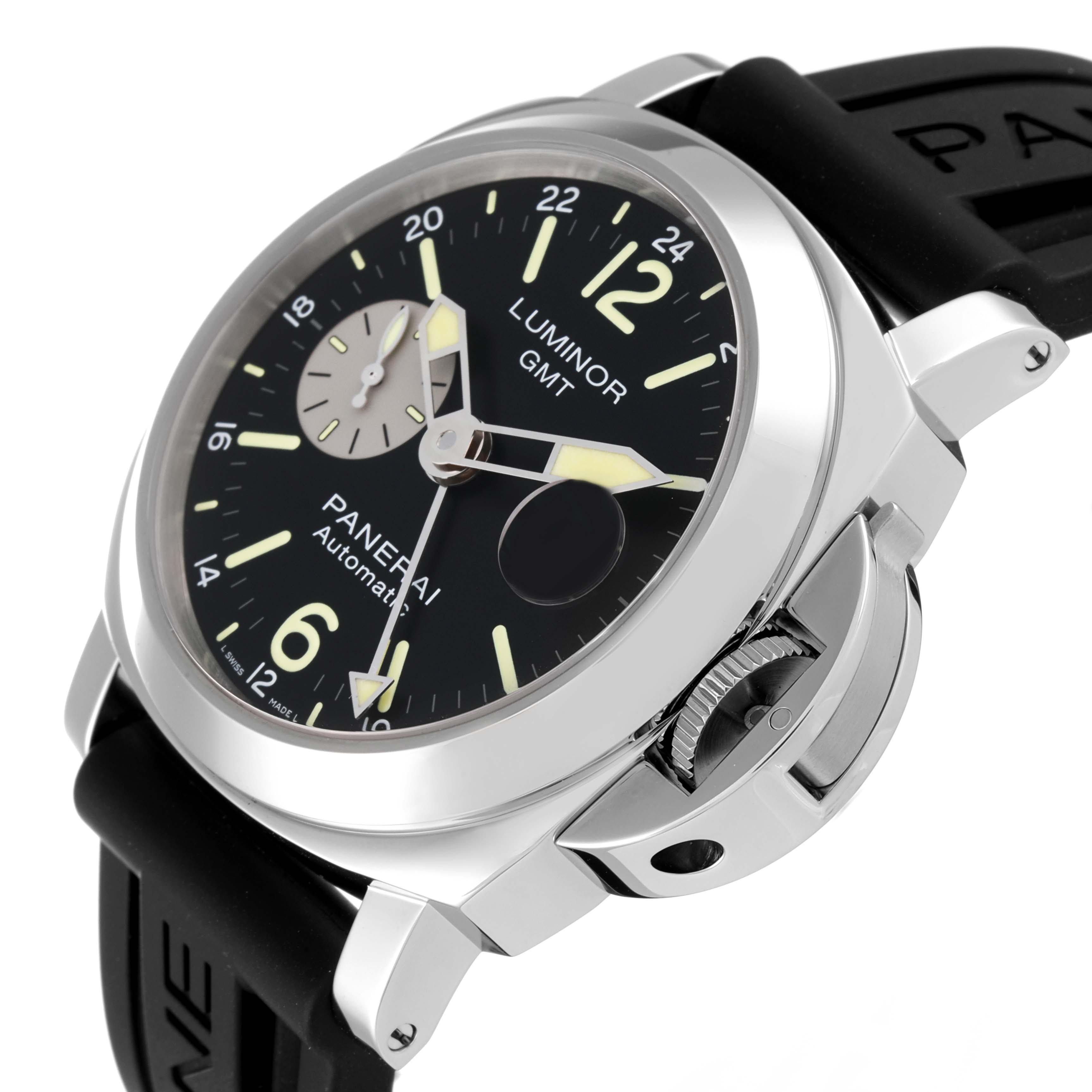 The Panerai Luminor PAM01088 Men
s Stainless Steel Black Dial PAM01088 Men
s Stainless Steel Black Dial GMT watch is shown at an angled view highlighting the face, crown guard, and strap.