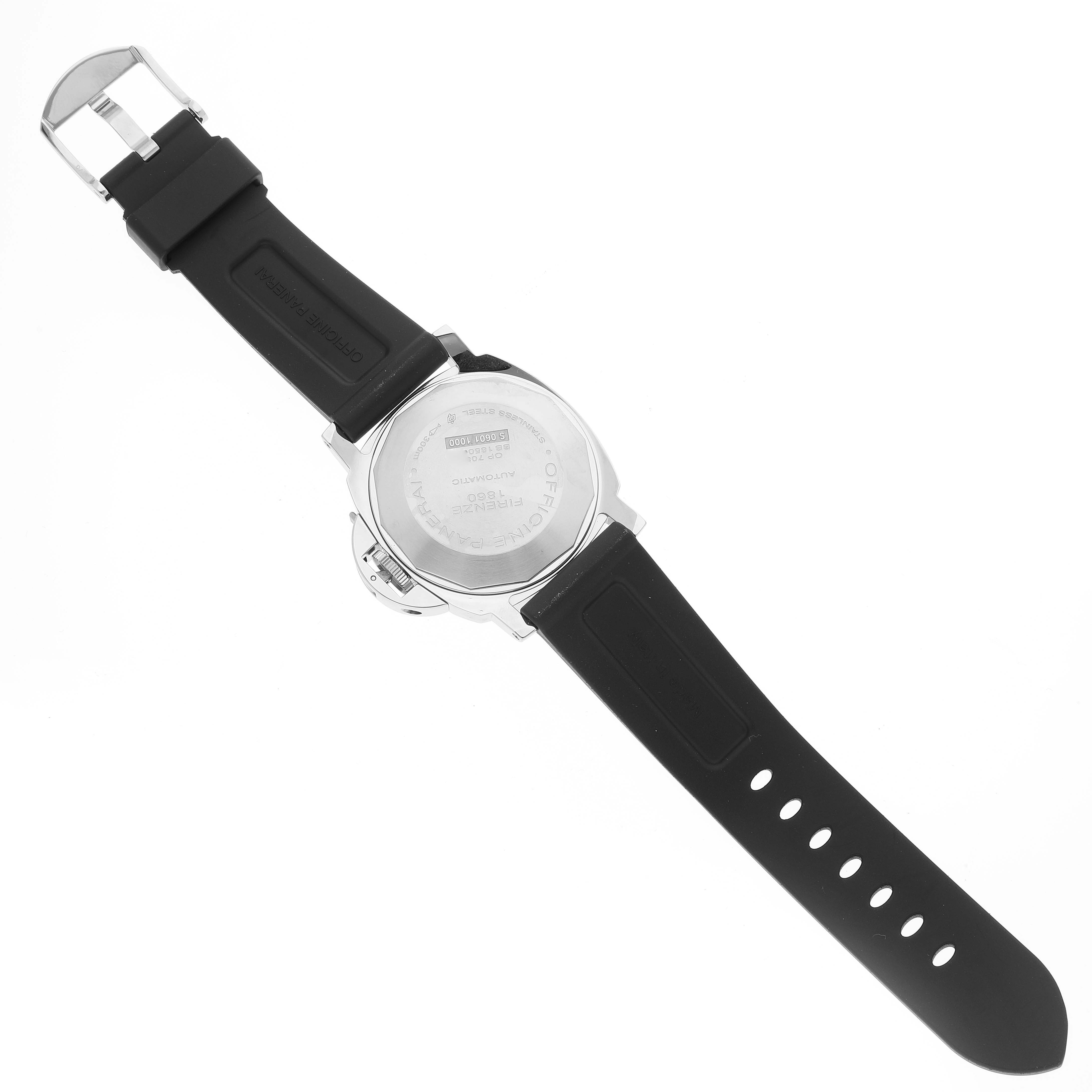 The image shows the back view of a Panerai Luminor PAM01088 Men
s Stainless Steel Black Dial PAM01088 Men
s Stainless Steel Black Dial watch, highlighting the case back and black rubber strap.