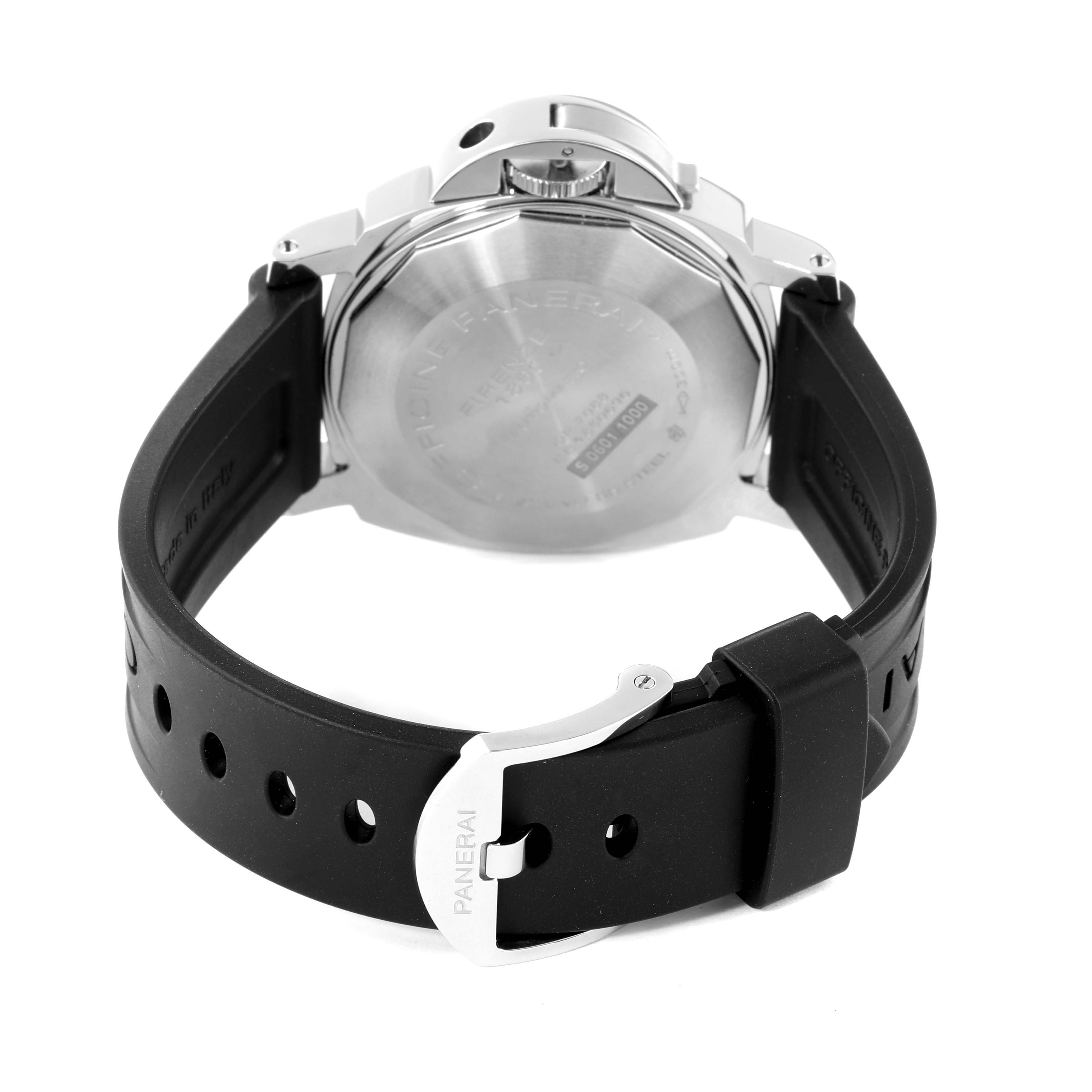 The image shows the back case and strap of a Panerai Luminor PAM01088 Men
s Stainless Steel Black Dial PAM01088 Men
s Stainless Steel Black Dial watch from a rear angle.