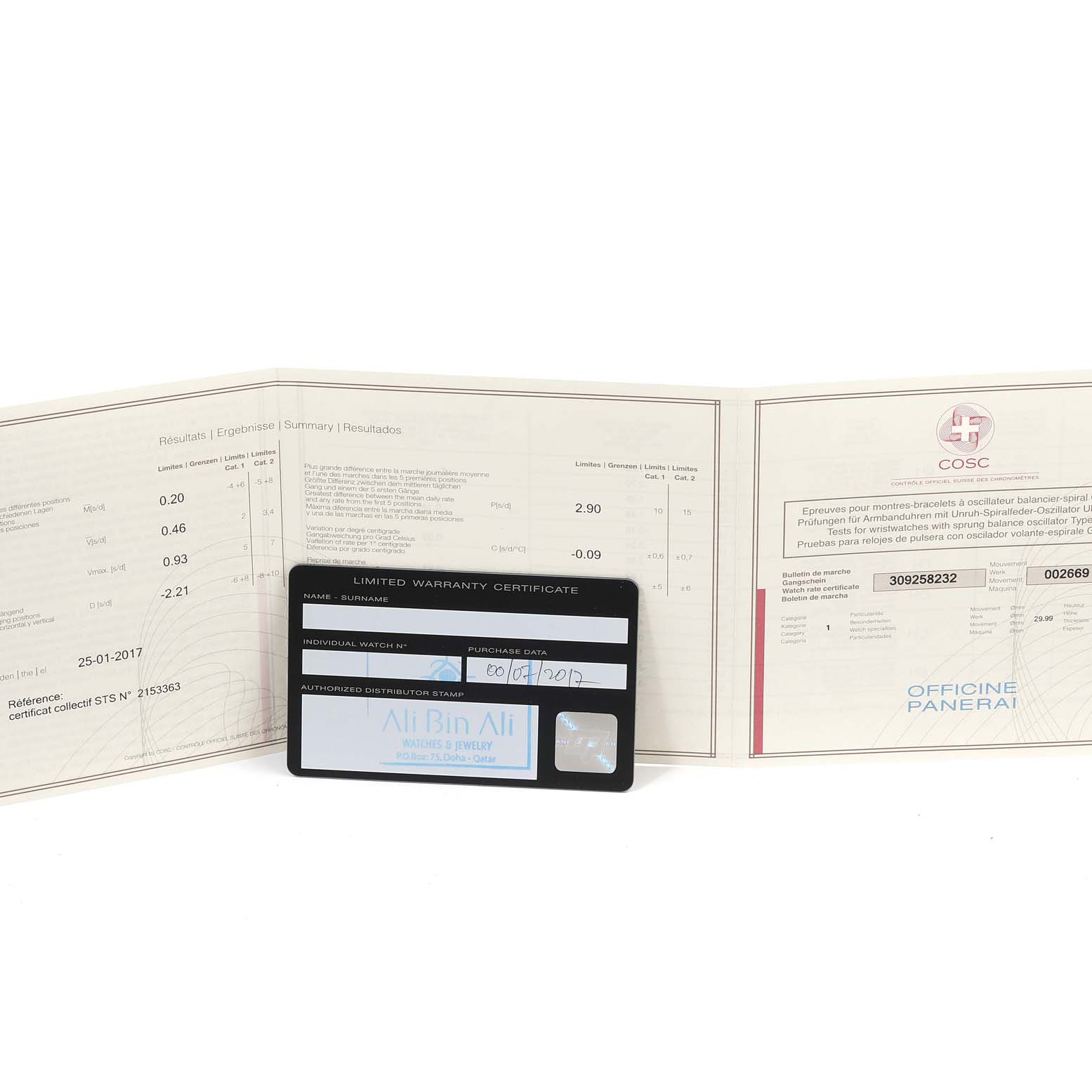 The image shows a warranty certificate and documentation for a Panerai Luminor PAM01088 Men
s Stainless Steel Black Dial PAM01088 Men
s Stainless Steel Black Dial model watch.