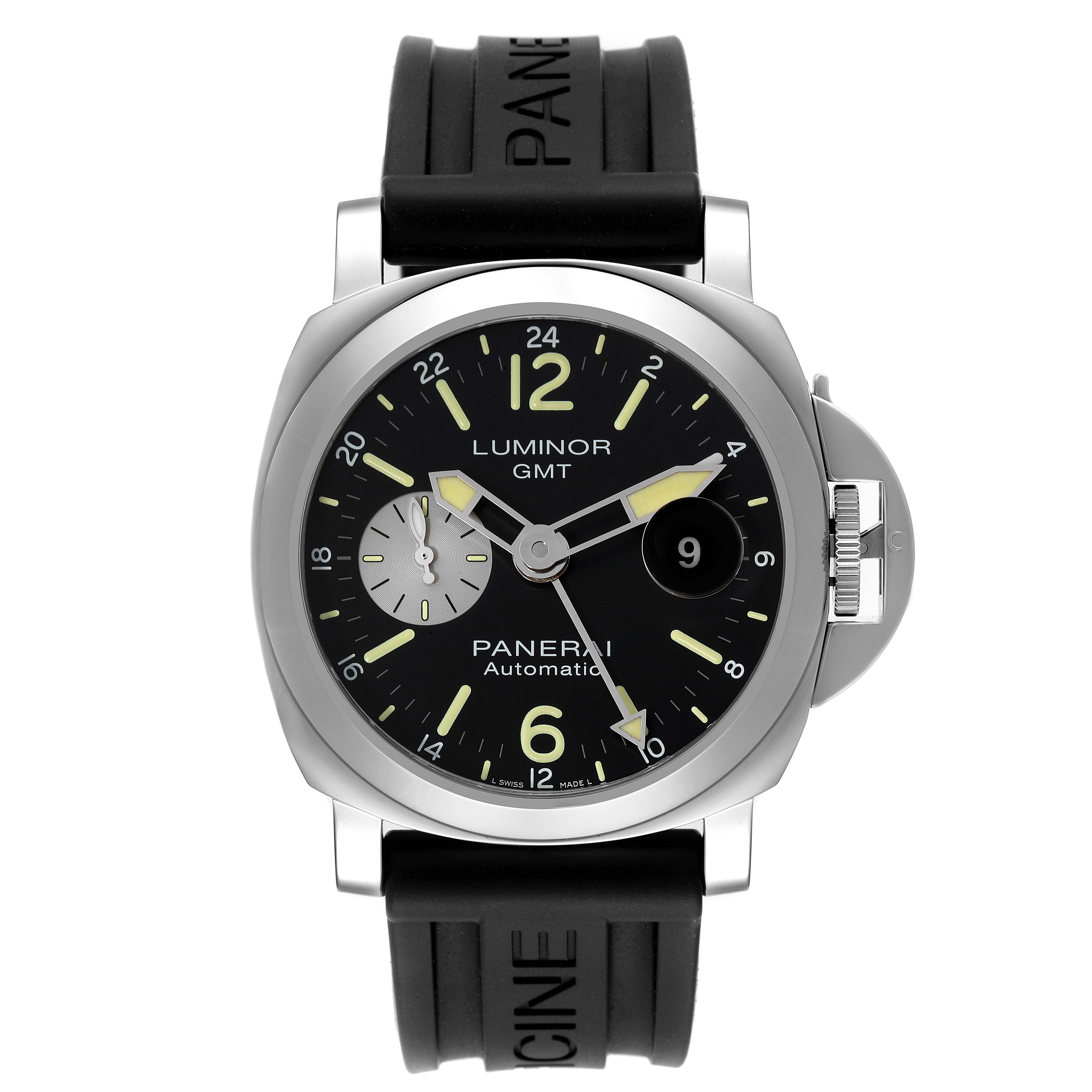 This image shows a front view of the Panerai Luminor PAM01088 Men
s Stainless Steel Black Dial PAM01088 Men
s Stainless Steel Black Dial GMT watch, highlighting the black dial, hands, subdial, and rubber strap.