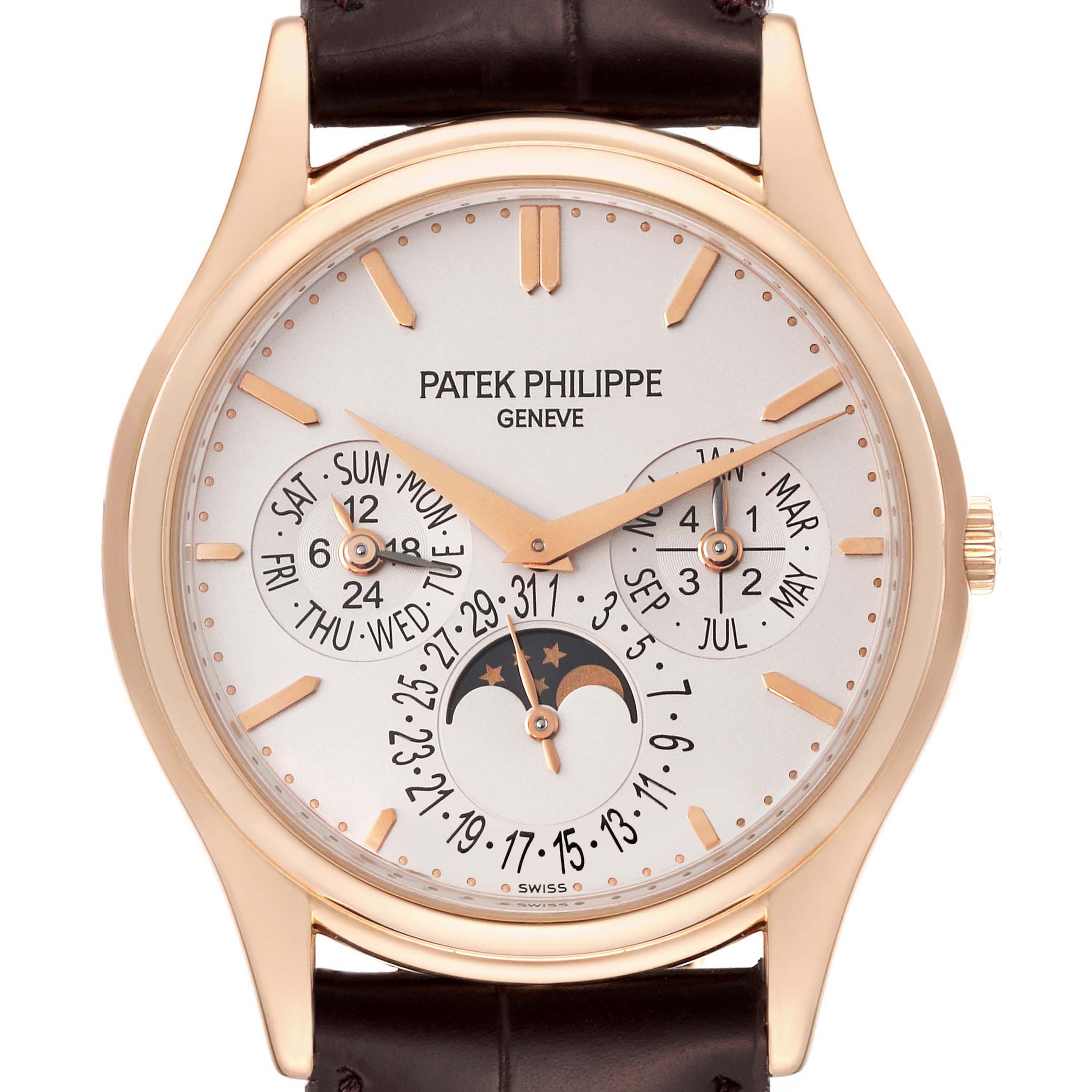 The Patek Philippe Complications model 5140R-001 is shown from the front, highlighting its dial with multiple subdials and moon phase, along with a leather strap.