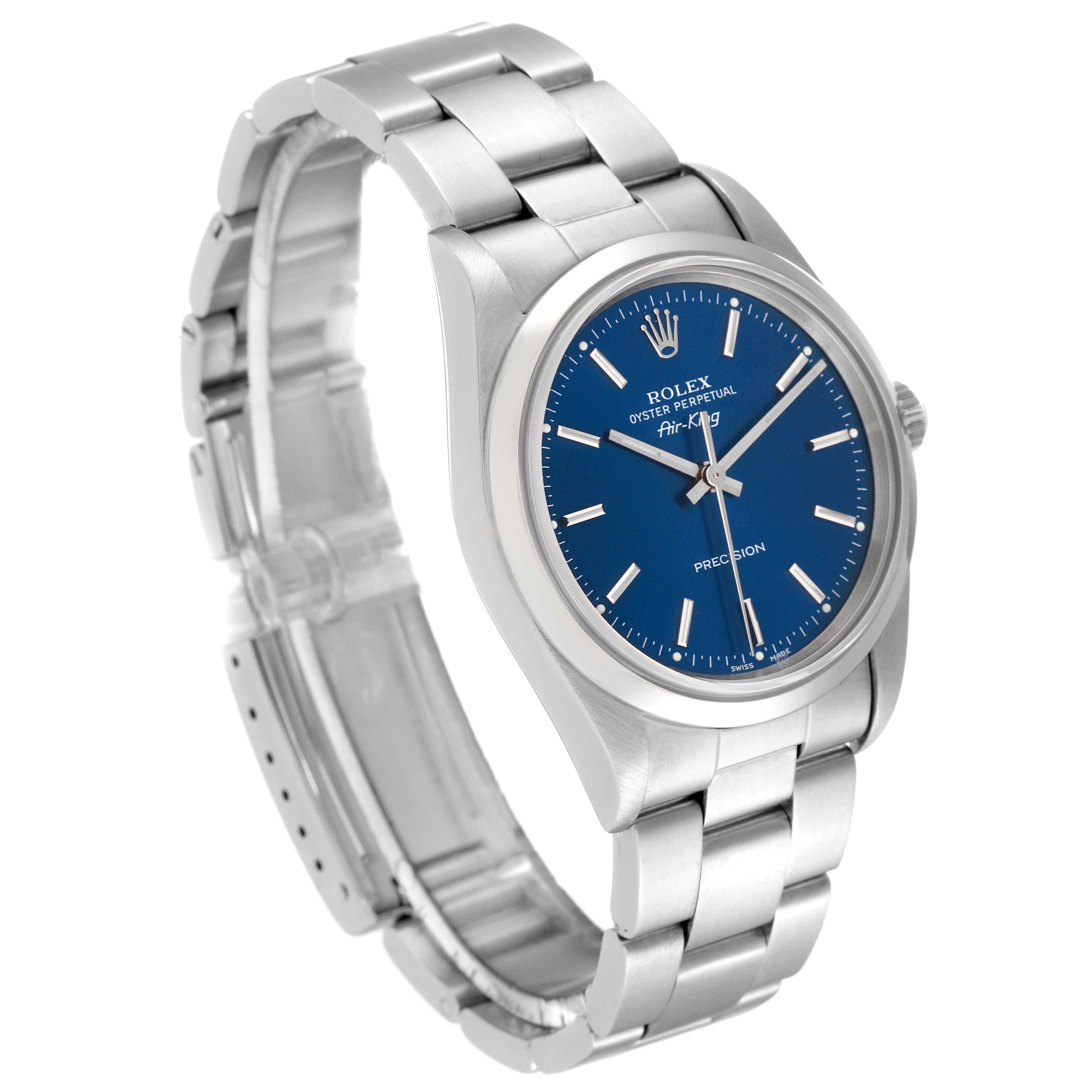 The image shows a Rolex Air-King 14000 Men's Stainless Steel Blue Dial 14000 Men's Stainless Steel Blue Dial watch at a three-quarter angle, displaying the watch's face, bracelet, and clasp.
