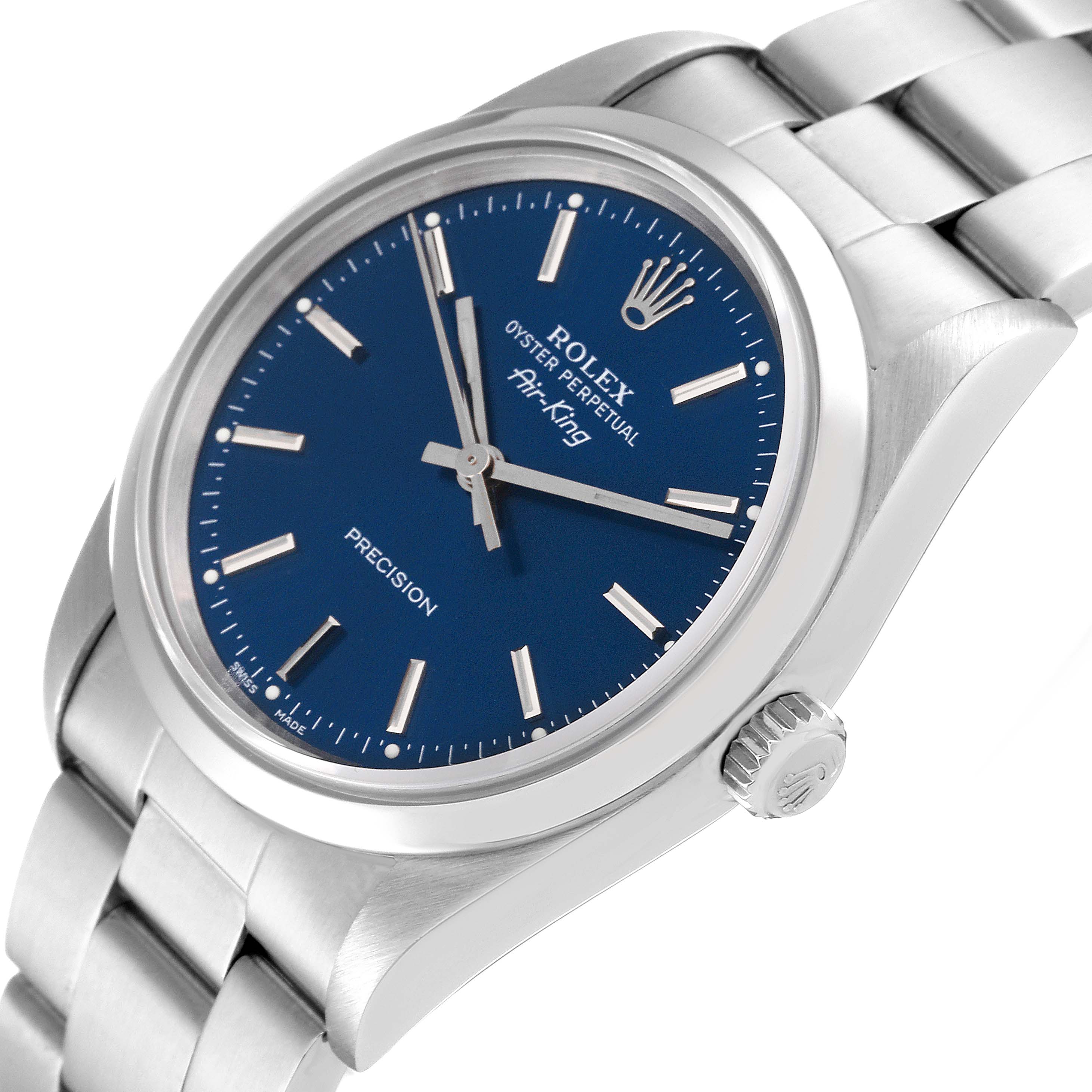 The image shows a close-up angle of the Rolex Air-King 14000 Men's Stainless Steel Blue Dial 14000 Men's Stainless Steel Blue Dial watch, highlighting the blue dial, crown, and part of the bracelet.