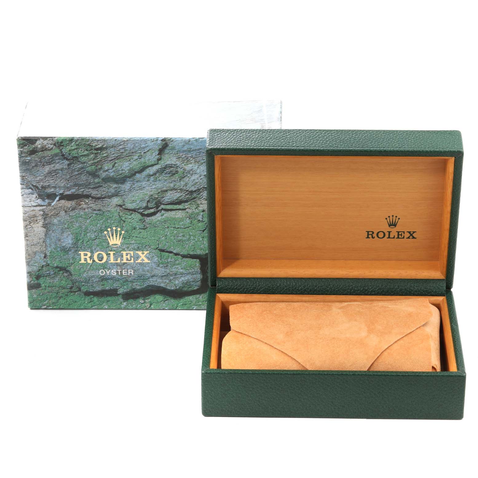 The image shows an open Rolex Air-King 14000 Men's Stainless Steel Blue Dial 14000 Men's Stainless Steel Blue Dial watch box with a green exterior and wooden interior along with a tan pouch inside.