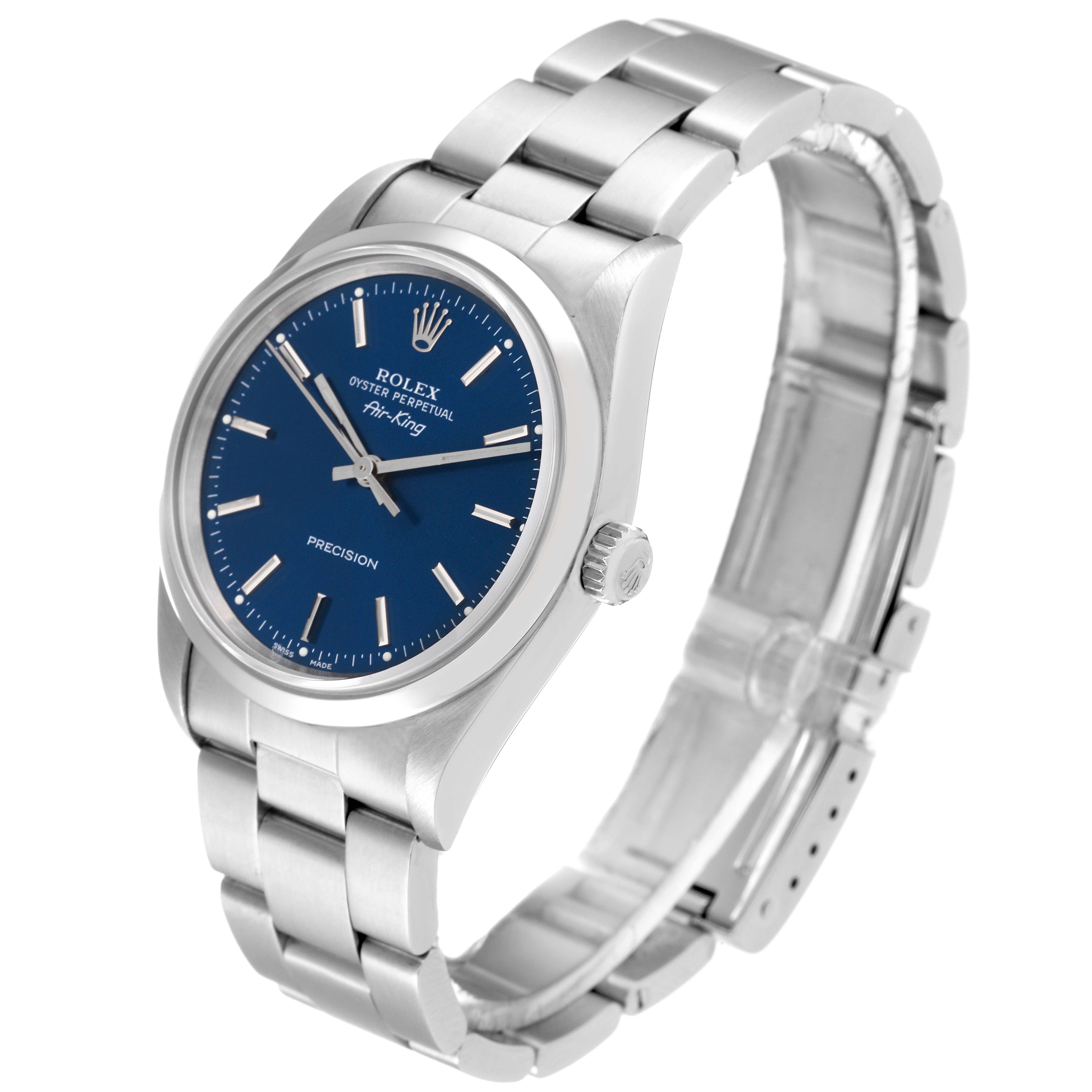 The image shows a Rolex Air-King 14000 Men's Stainless Steel Blue Dial 14000 Men's Stainless Steel Blue Dial watch at a three-quarter angle, highlighting its blue dial, crown, and stainless steel bracelet.