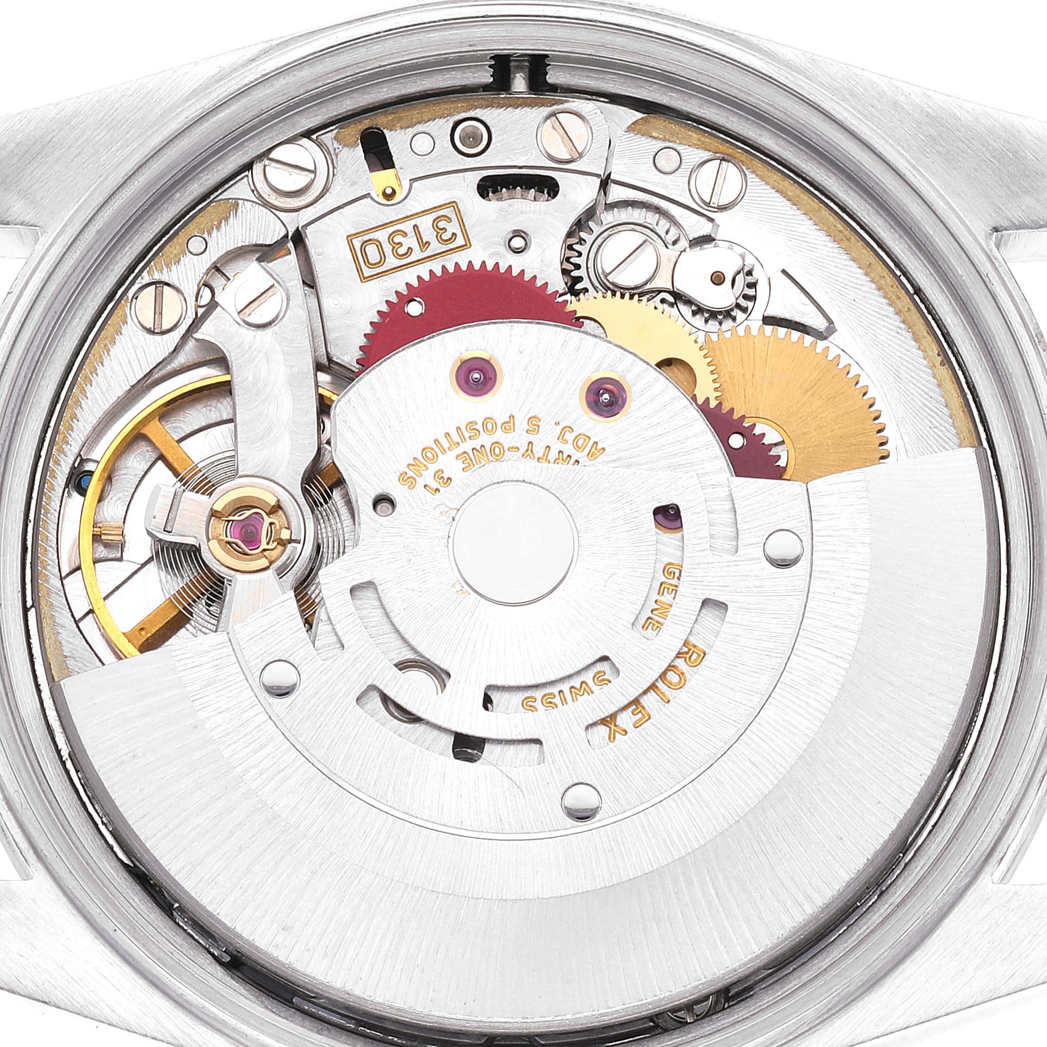 This is a close-up view of the internal mechanism of a Rolex Air-King 14000 Men's Stainless Steel Blue Dial 14000 Men's Stainless Steel Blue Dial watch, showing the intricate gears and parts.