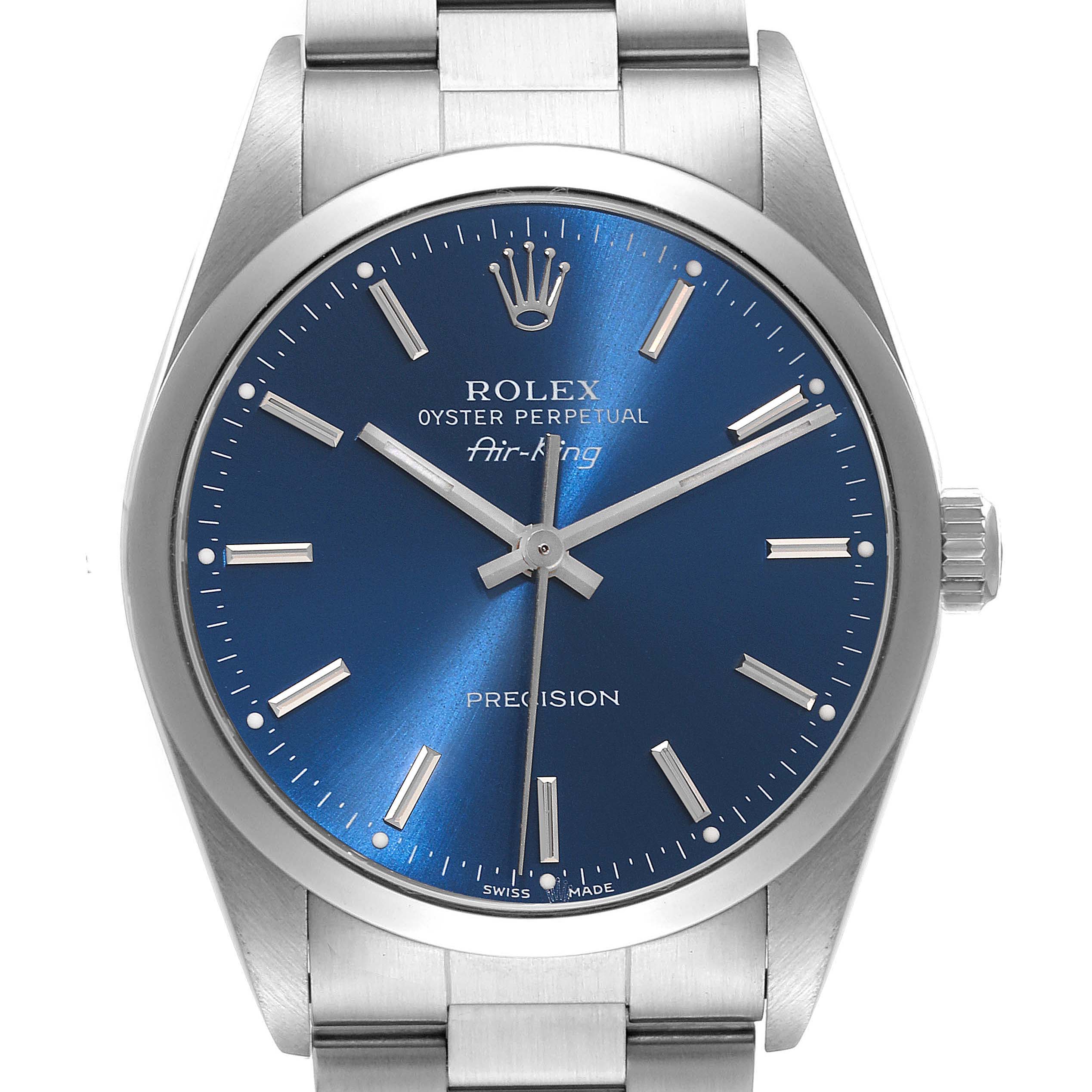 This image shows a front view of a Rolex Air-King 14000 Men's Stainless Steel Blue Dial 14000 Men's Stainless Steel Blue Dial watch, focusing on the dial, case, and part of the bracelet.