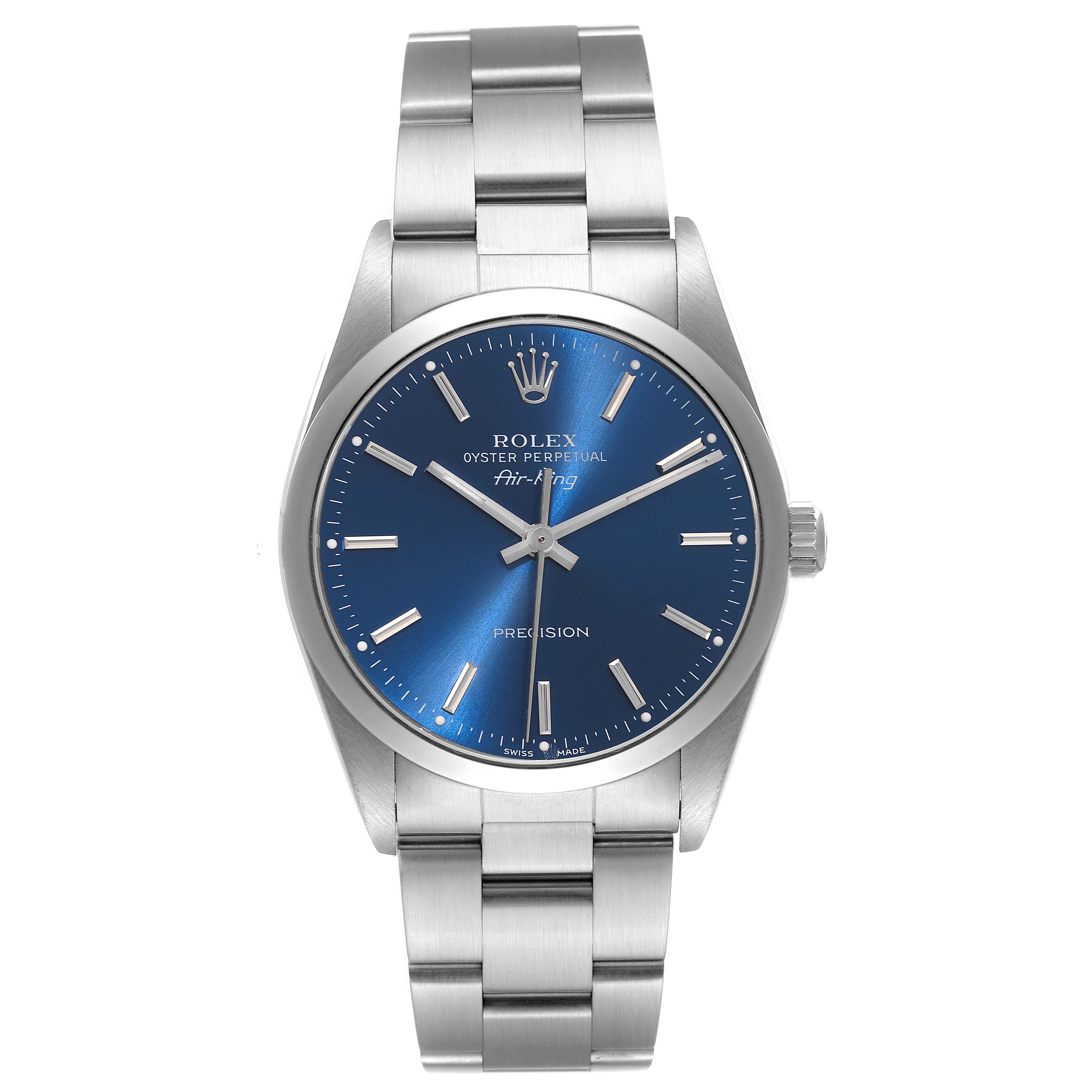 The image shows a front view of a Rolex Air-King 14000 Men's Stainless Steel Blue Dial 14000 Men's Stainless Steel Blue Dial watch, displaying its blue dial, hour markers, hands, and metal bracelet.