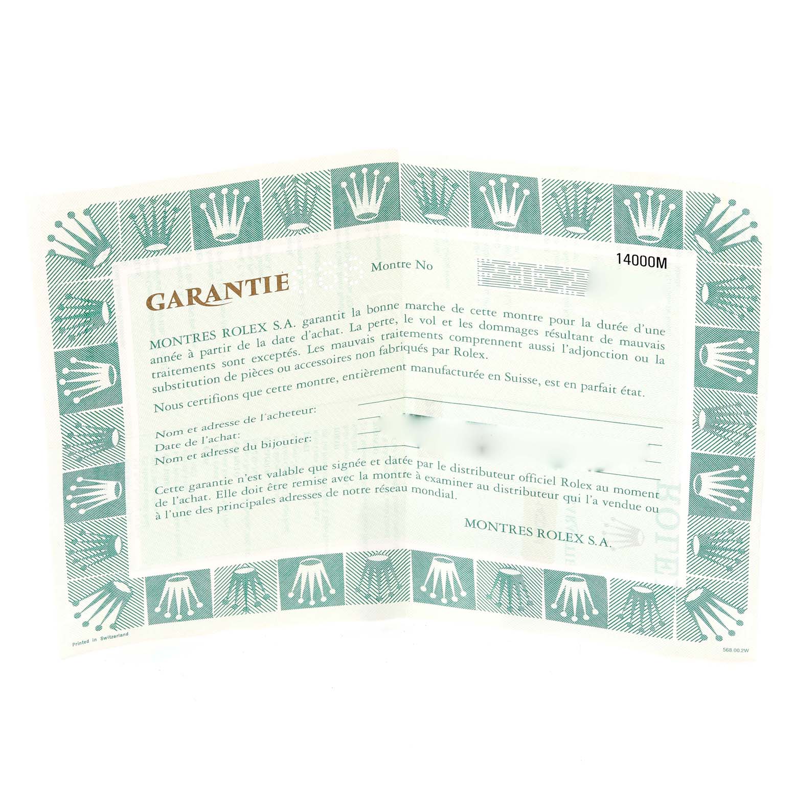 This image shows the warranty certificate for an Air-King model by Rolex, unfolded to display the document details.