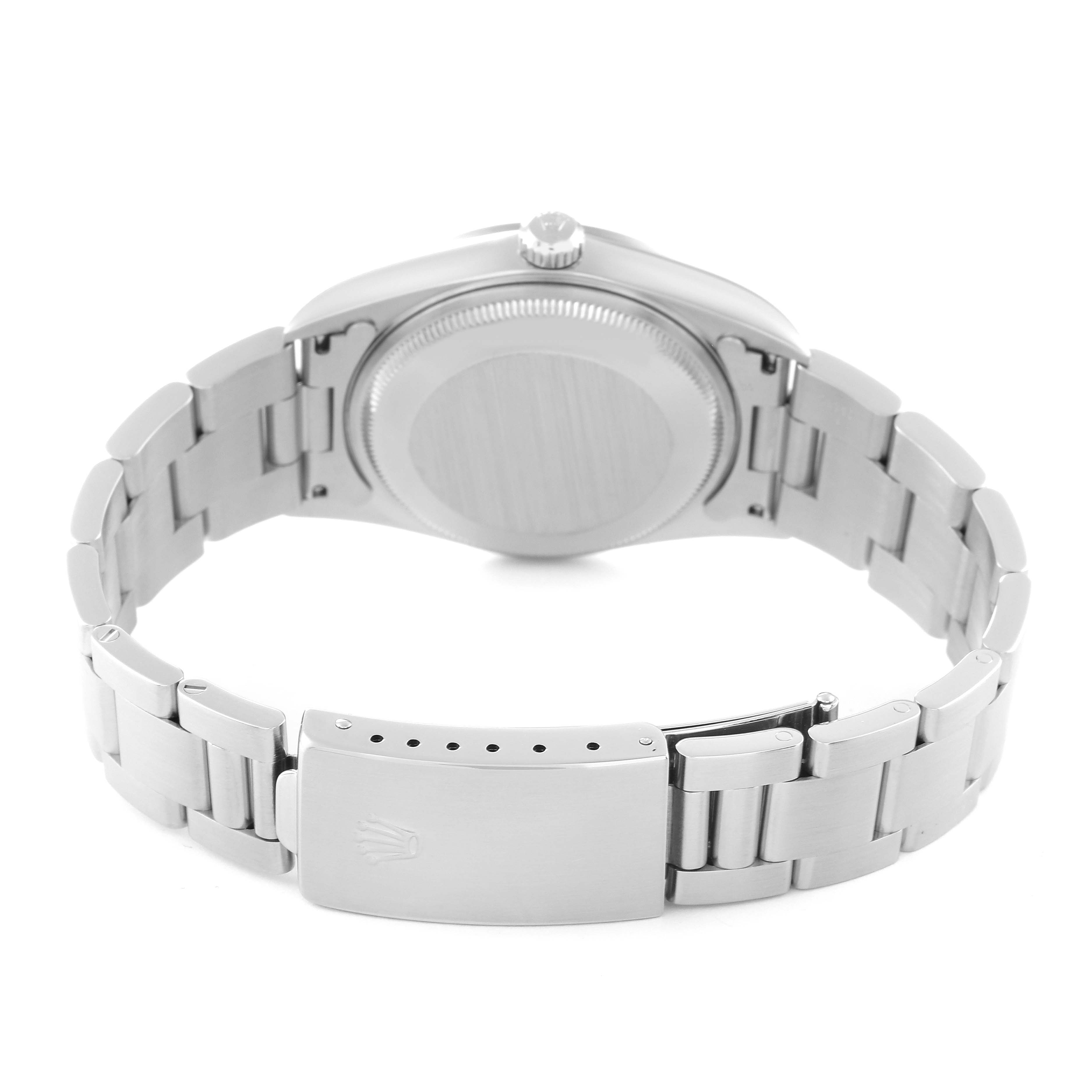 The image shows the backside and bracelet of a Rolex Air-King 14000 Men's Stainless Steel Black Dial 14000 Men's Stainless Steel Black Dial watch, highlighting the clasp and case back.