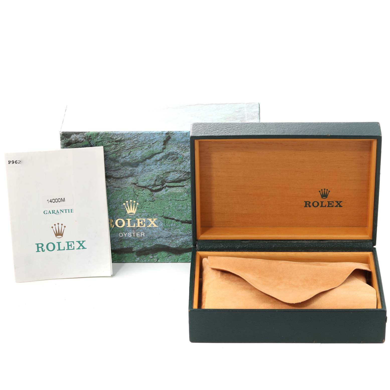 The image shows the Rolex Air-King 14000 Men's Stainless Steel Black Dial 14000 Men's Stainless Steel Black Dial watch box, manual, warranty card, and leather case, viewed from the front.