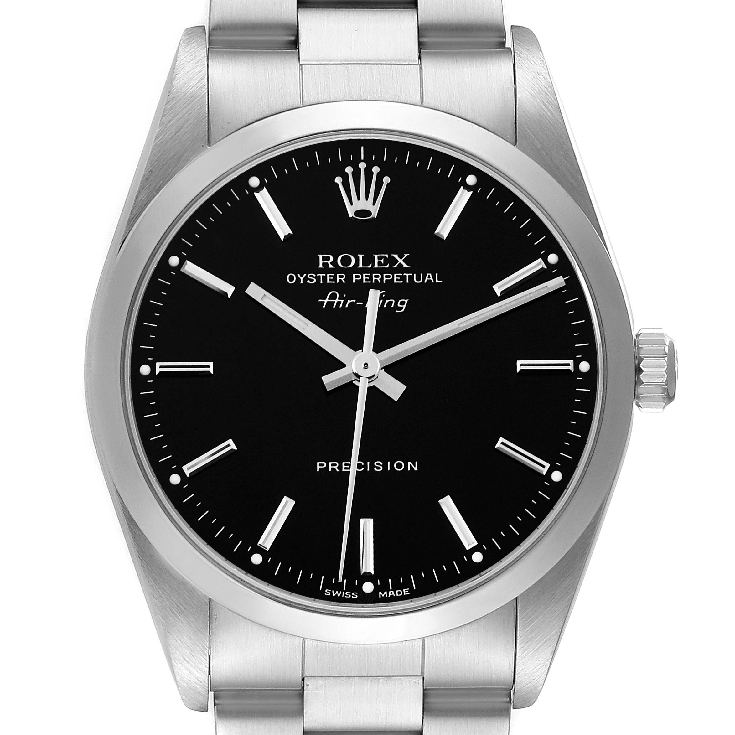 The image shows the Rolex Air-King 14000 Men's Stainless Steel Black Dial 14000 Men's Stainless Steel Black Dial watch face and part of its metal bracelet at a straight-on angle.