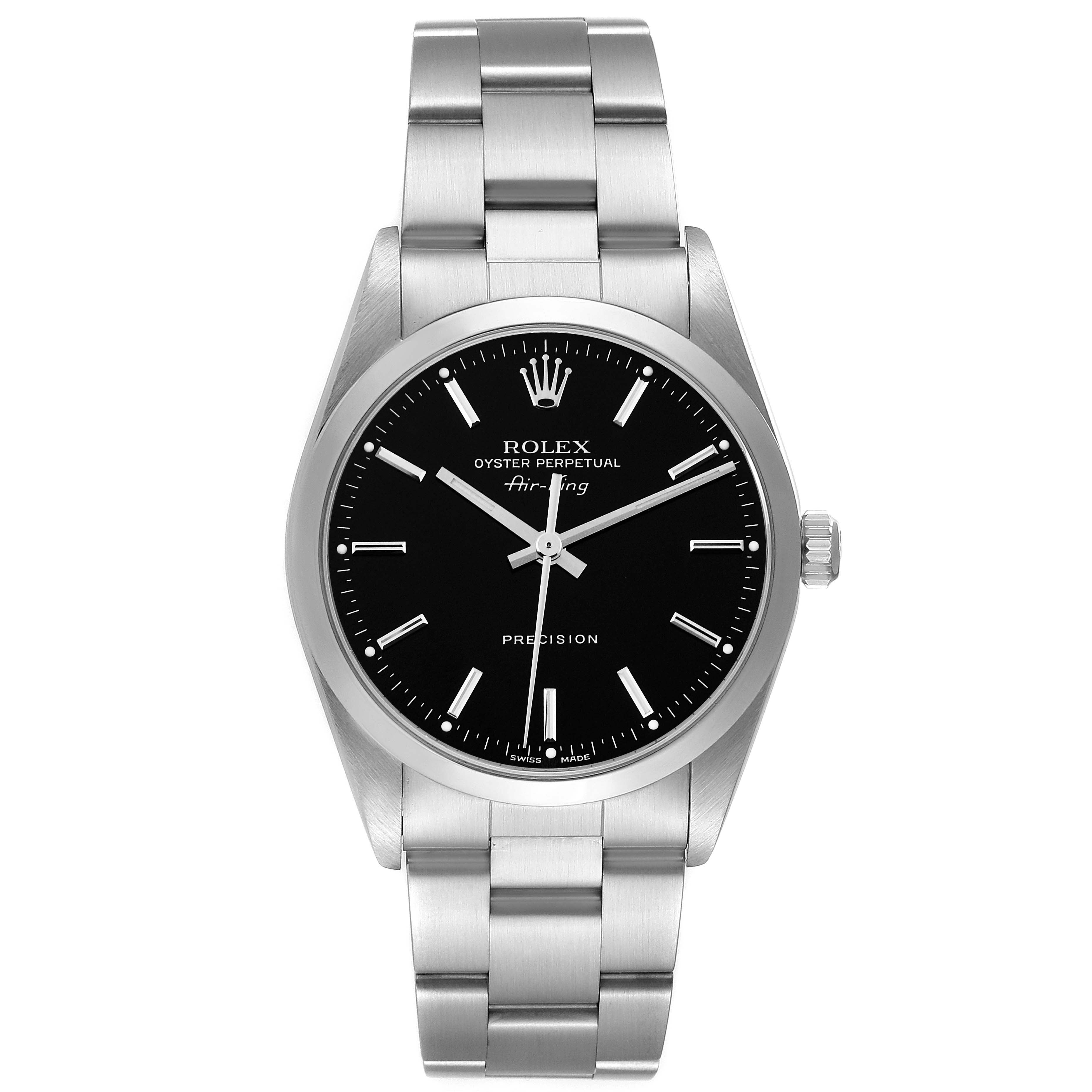 The image shows a front view of the Rolex Air-King 14000 Men's Stainless Steel Black Dial 14000 Men's Stainless Steel Black Dial watch, displaying the dial, bezel, and bracelet.