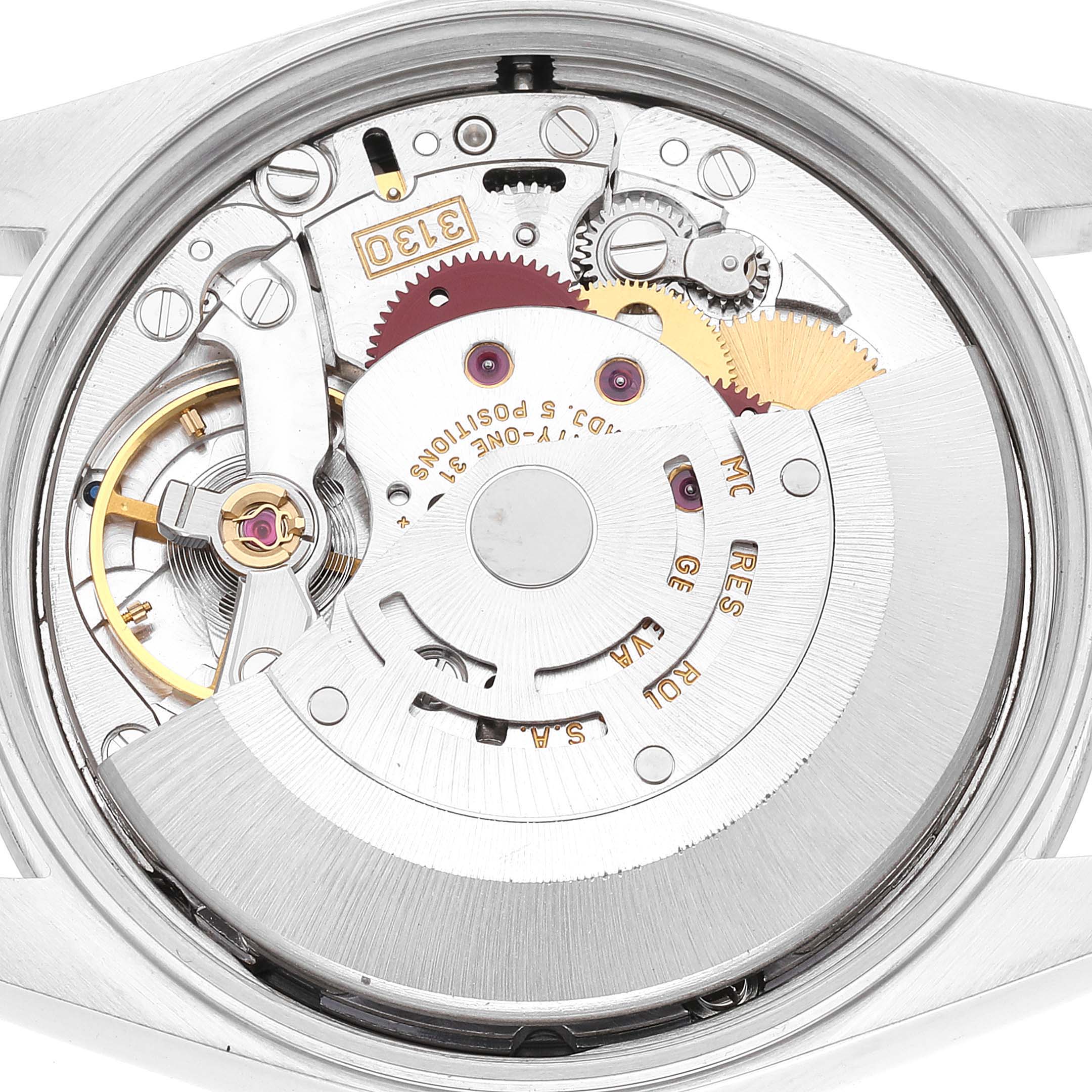 This image shows the internal movement mechanism of a Rolex Air-King 14000 Men's Stainless Steel Black Dial 14000 Men's Stainless Steel Black Dial watch from a straight-on angle.