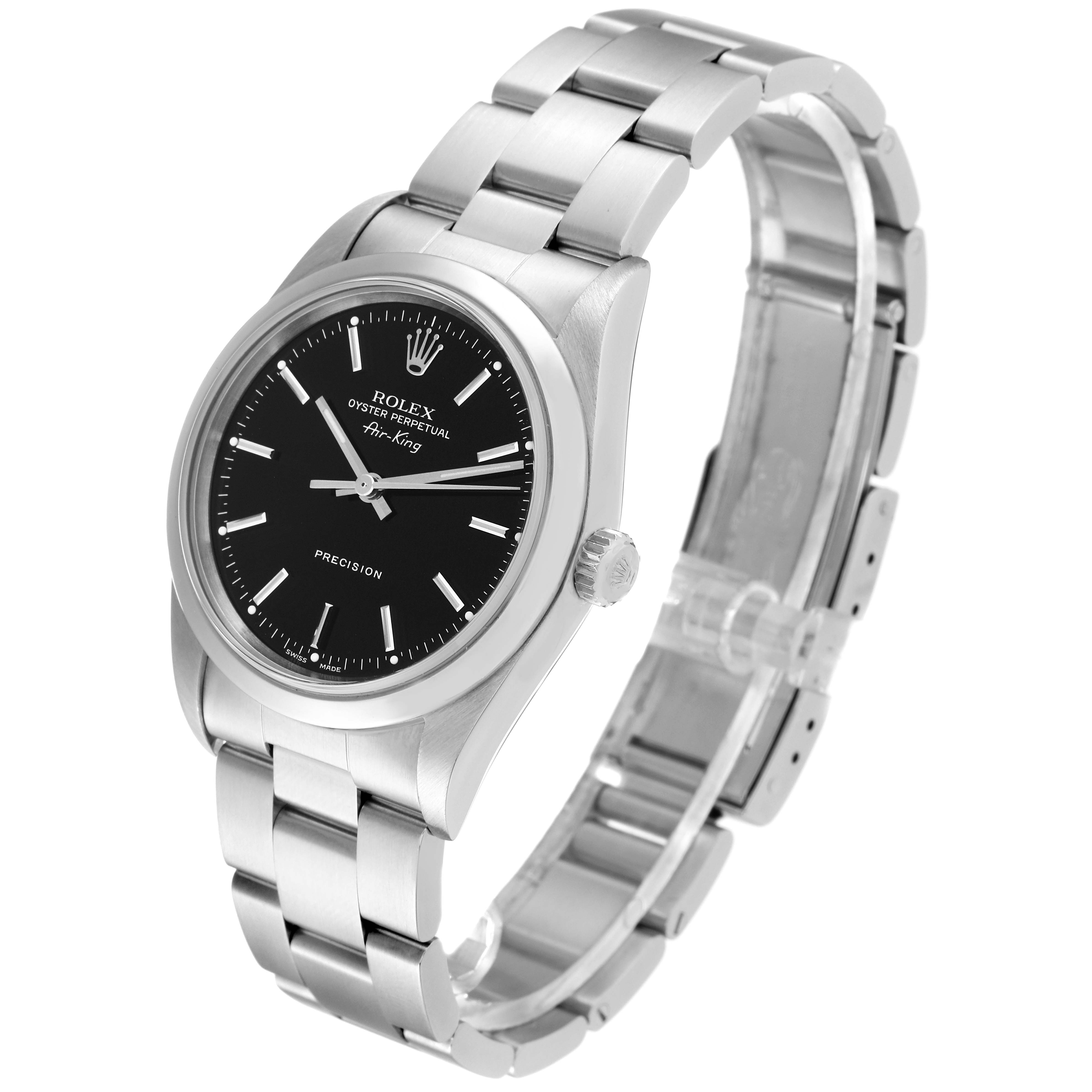 The Rolex Air-King 14000 Men's Stainless Steel Black Dial 14000 Men's Stainless Steel Black Dial watch is shown at a slight side angle, displaying the dial, bezel, crown, and metal bracelet.