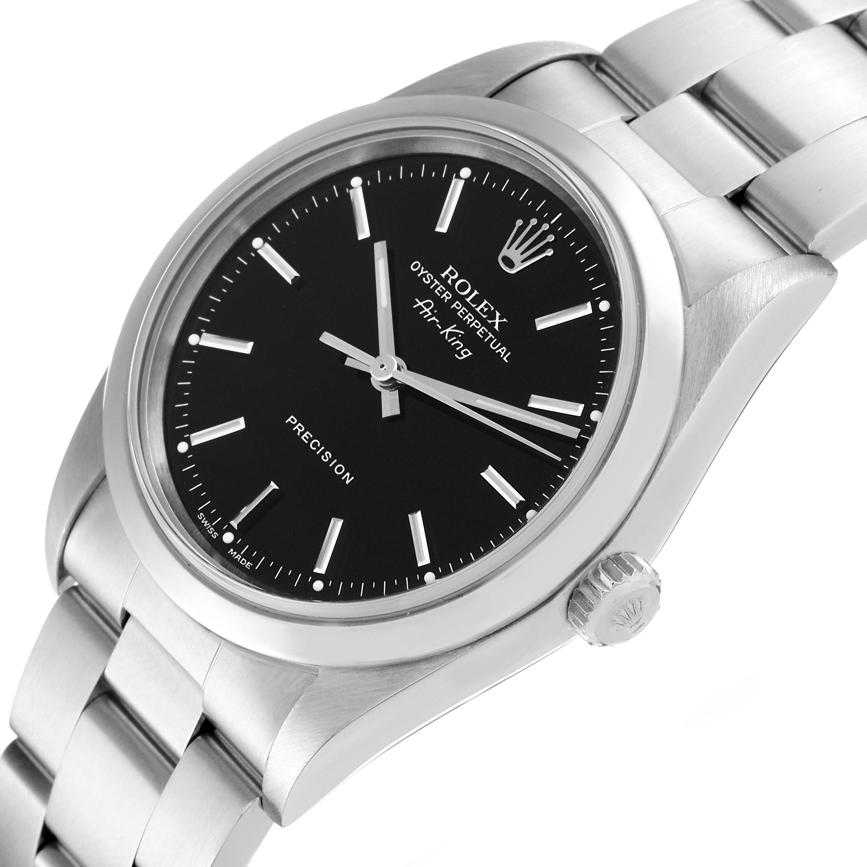 The image shows a Rolex Air-King 14000 Men's Stainless Steel Black Dial 14000 Men's Stainless Steel Black Dial watch at an angled view highlighting the case, dial, bracelet, and crown.