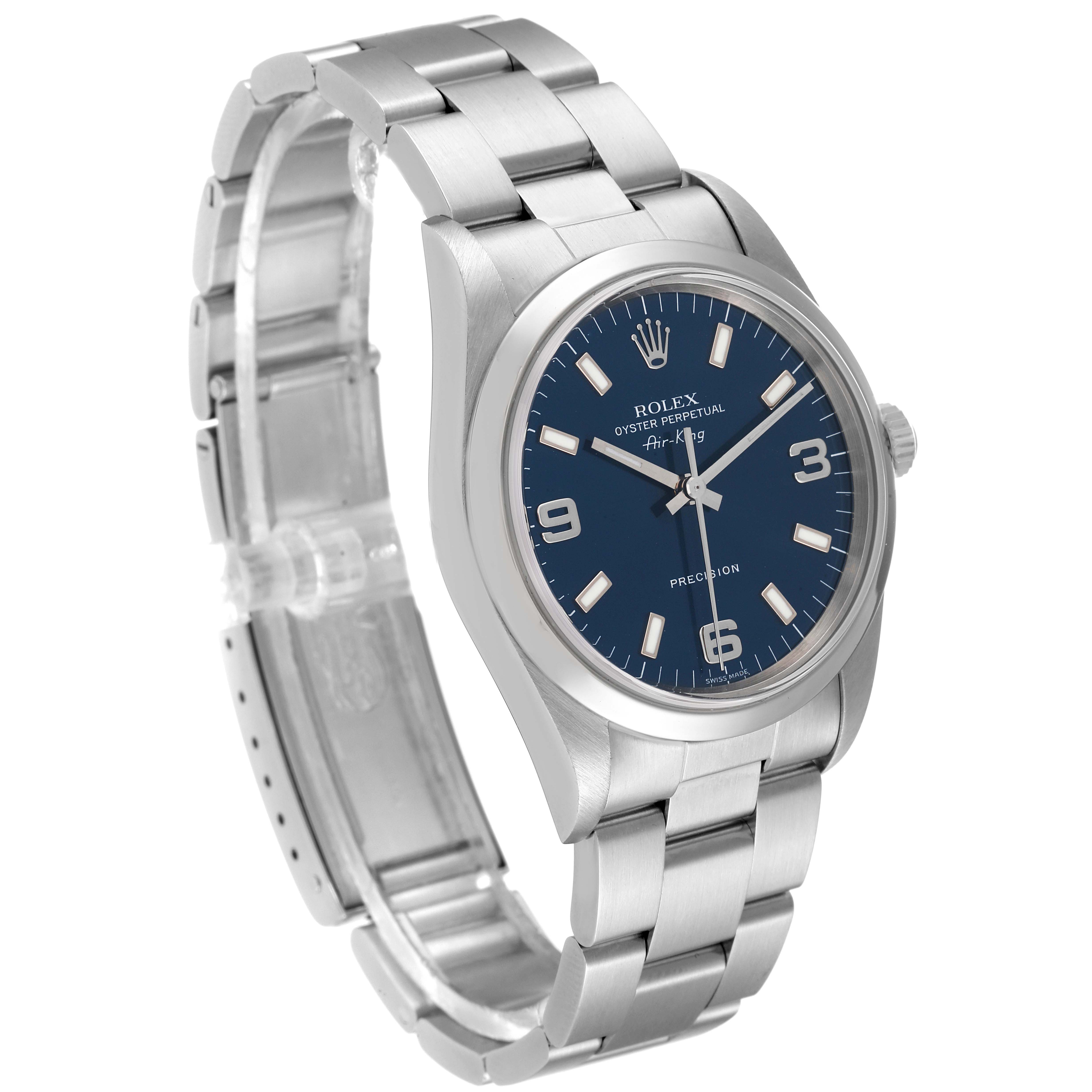 This image shows a Rolex Air-King 14000 Men's Stainless Steel Blue Dial 14000 Men's Stainless Steel Blue Dial watch angled to display its face, crown, and stainless steel bracelet.