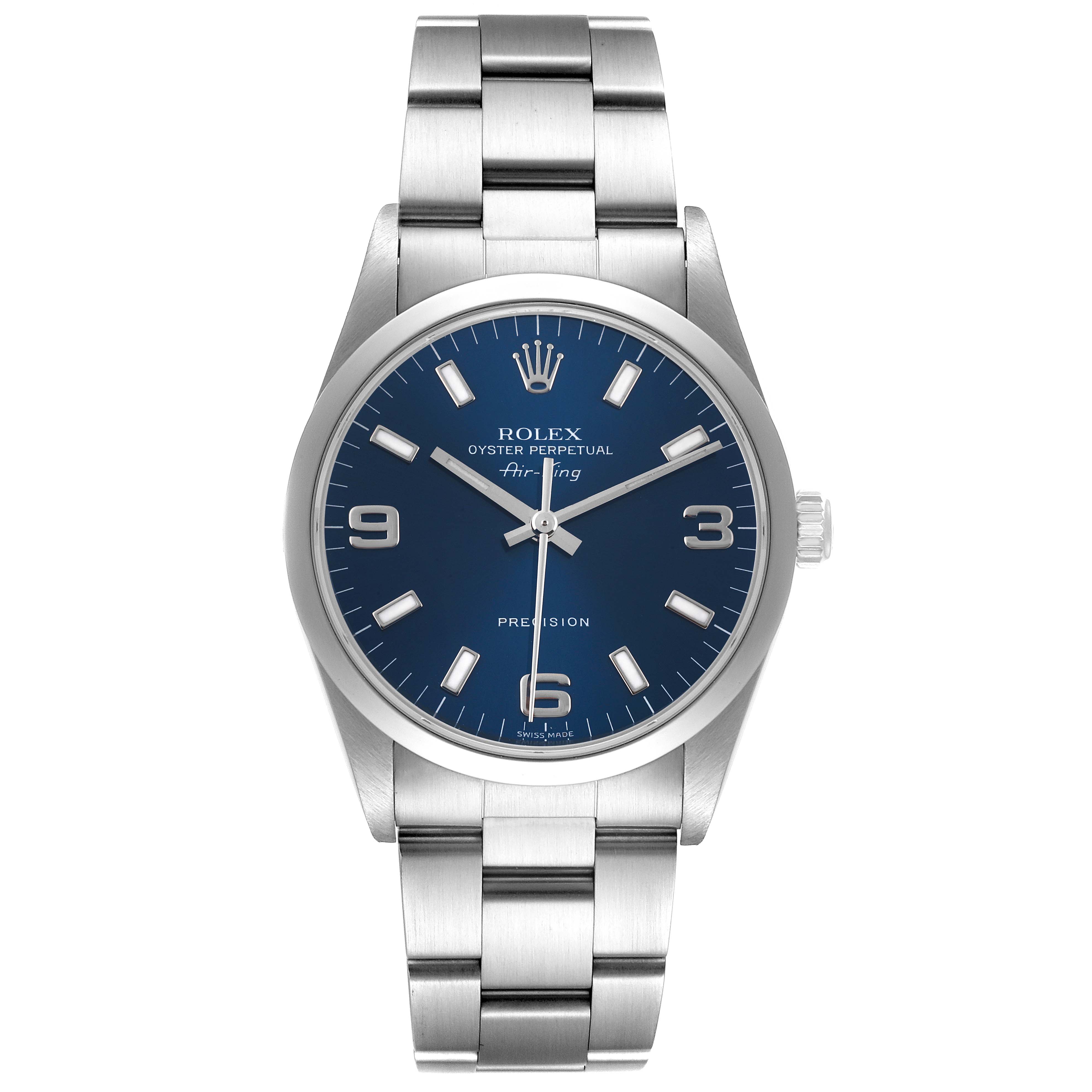 The image shows a front view of a Rolex Air-King 14000 Men's Stainless Steel Blue Dial 14000 Men's Stainless Steel Blue Dial watch, displaying its blue dial, silver markers, and metal bracelet.