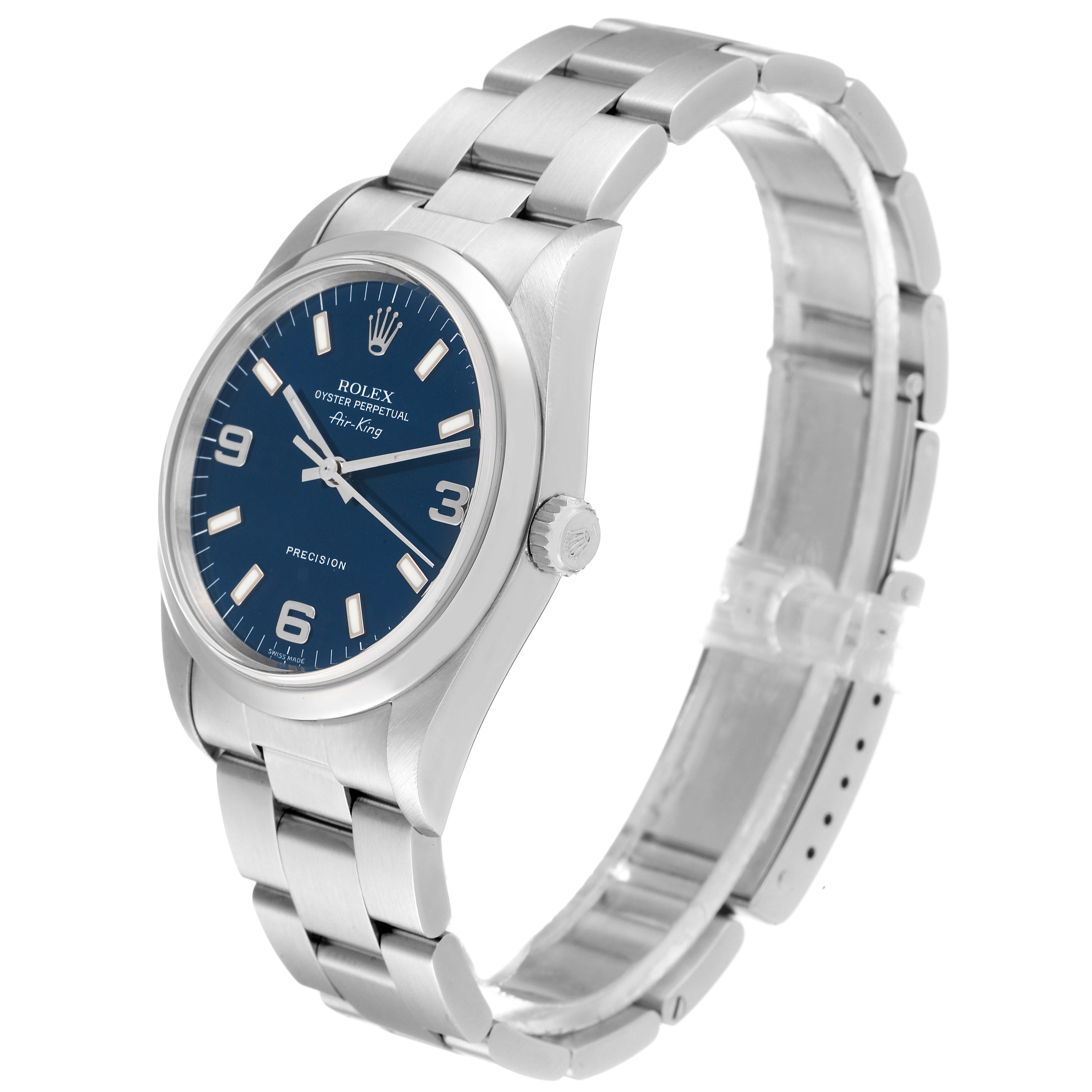 The image shows a side and front angle of a Rolex Air-King 14000 Men's Stainless Steel Blue Dial 14000 Men's Stainless Steel Blue Dial watch, highlighting its blue dial, stainless steel case, and bracelet.