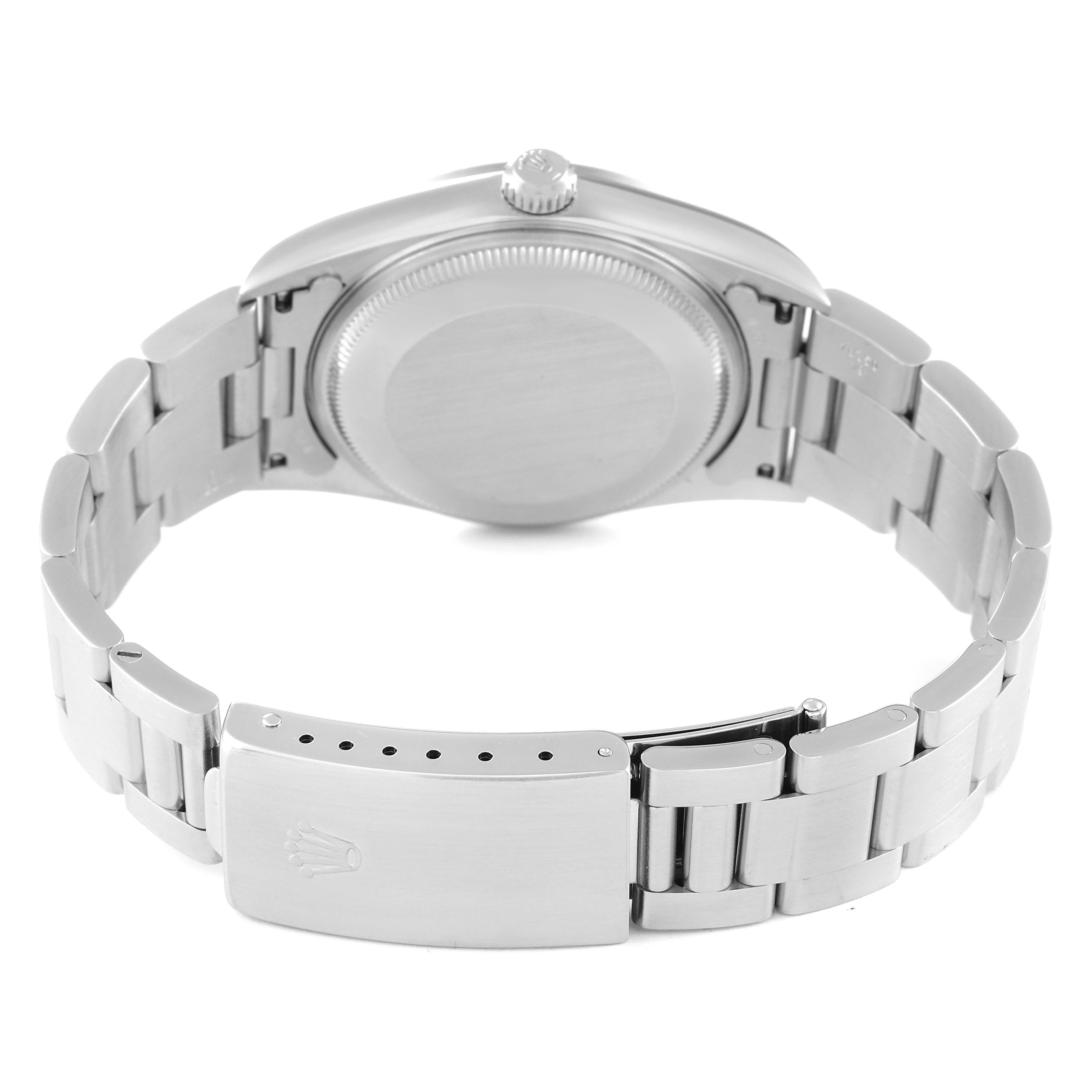 This image shows the back view of a Rolex Air-King 14000 Men's Stainless Steel Blue Dial 14000 Men's Stainless Steel Blue Dial watch, highlighting its case back, bracelet, and clasp.