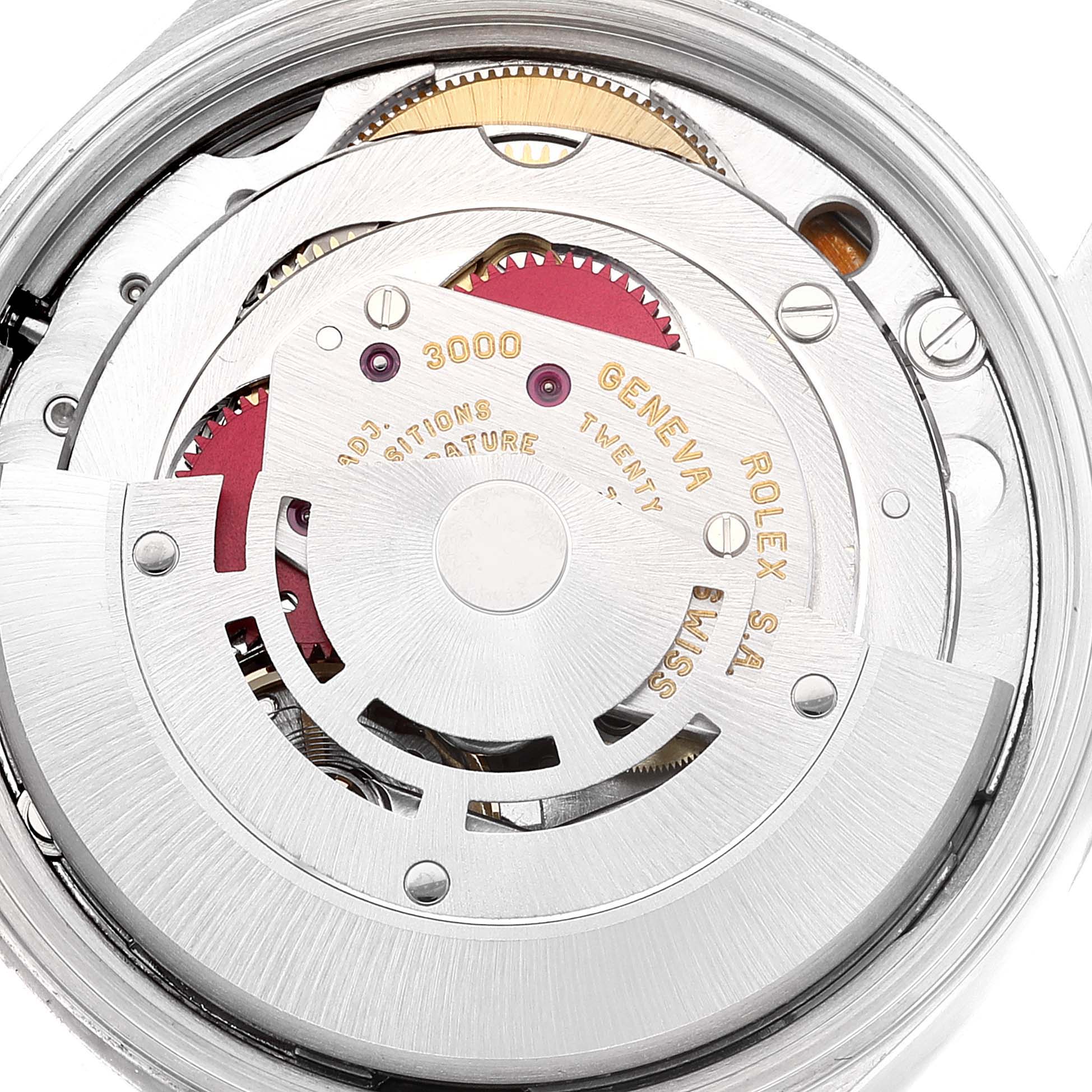 This image shows a close-up view of the Rolex Air-King 14000 Men's Stainless Steel Blue Dial 14000 Men's Stainless Steel Blue Dial's mechanical movement and internal components.