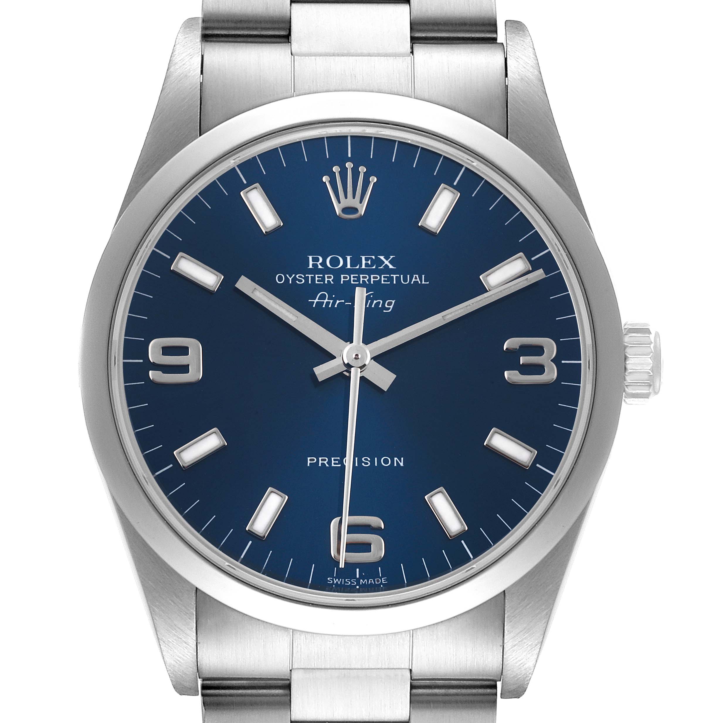 The image shows a frontal view of a Rolex Air-King 14000 Men's Stainless Steel Blue Dial 14000 Men's Stainless Steel Blue Dial watch, highlighting the dial, hour markers, hands, crown, and a portion of the bracelet.