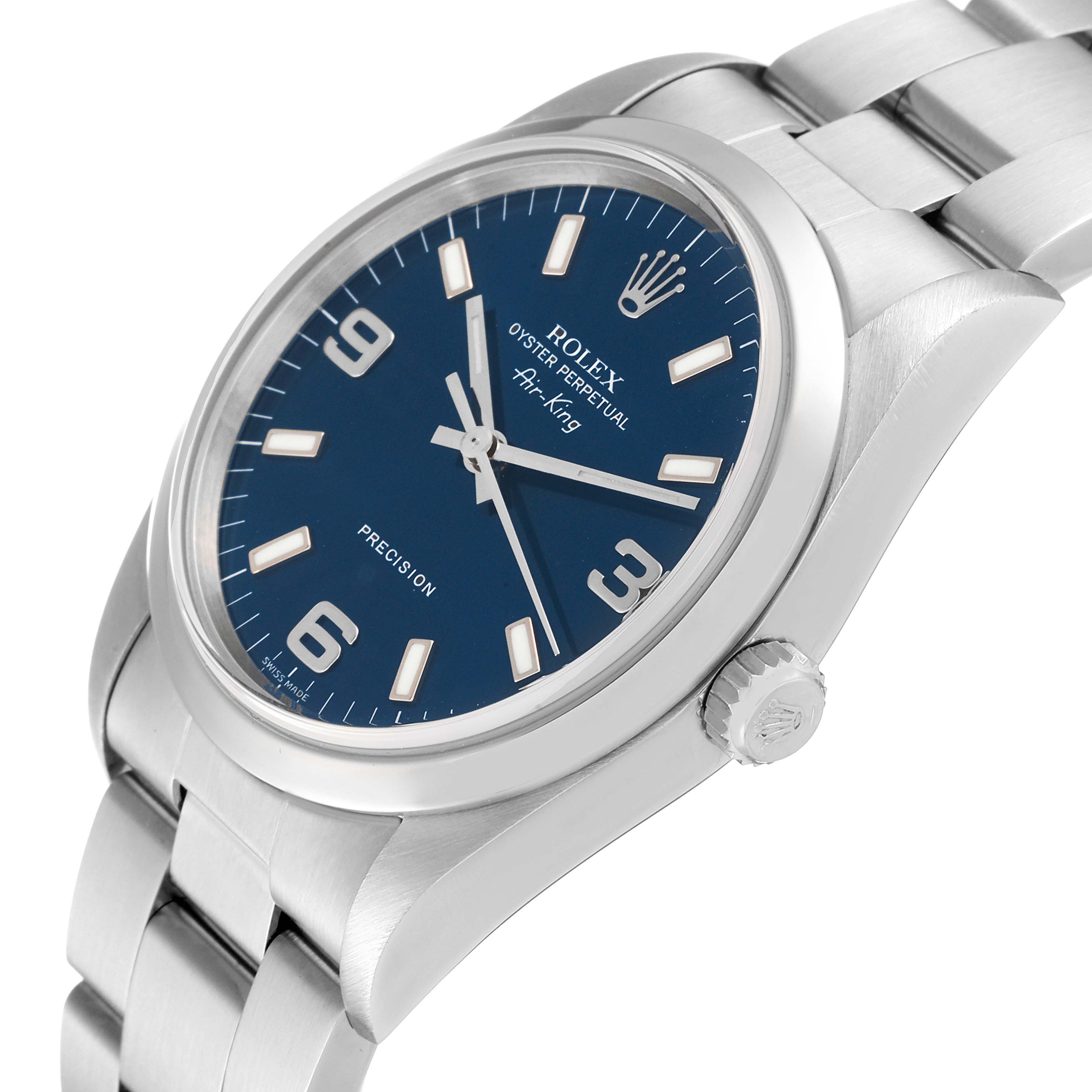 The image shows a Rolex Air-King 14000 Men's Stainless Steel Blue Dial 14000 Men's Stainless Steel Blue Dial watch at an angled view, highlighting the dial, crown, and part of the bracelet.