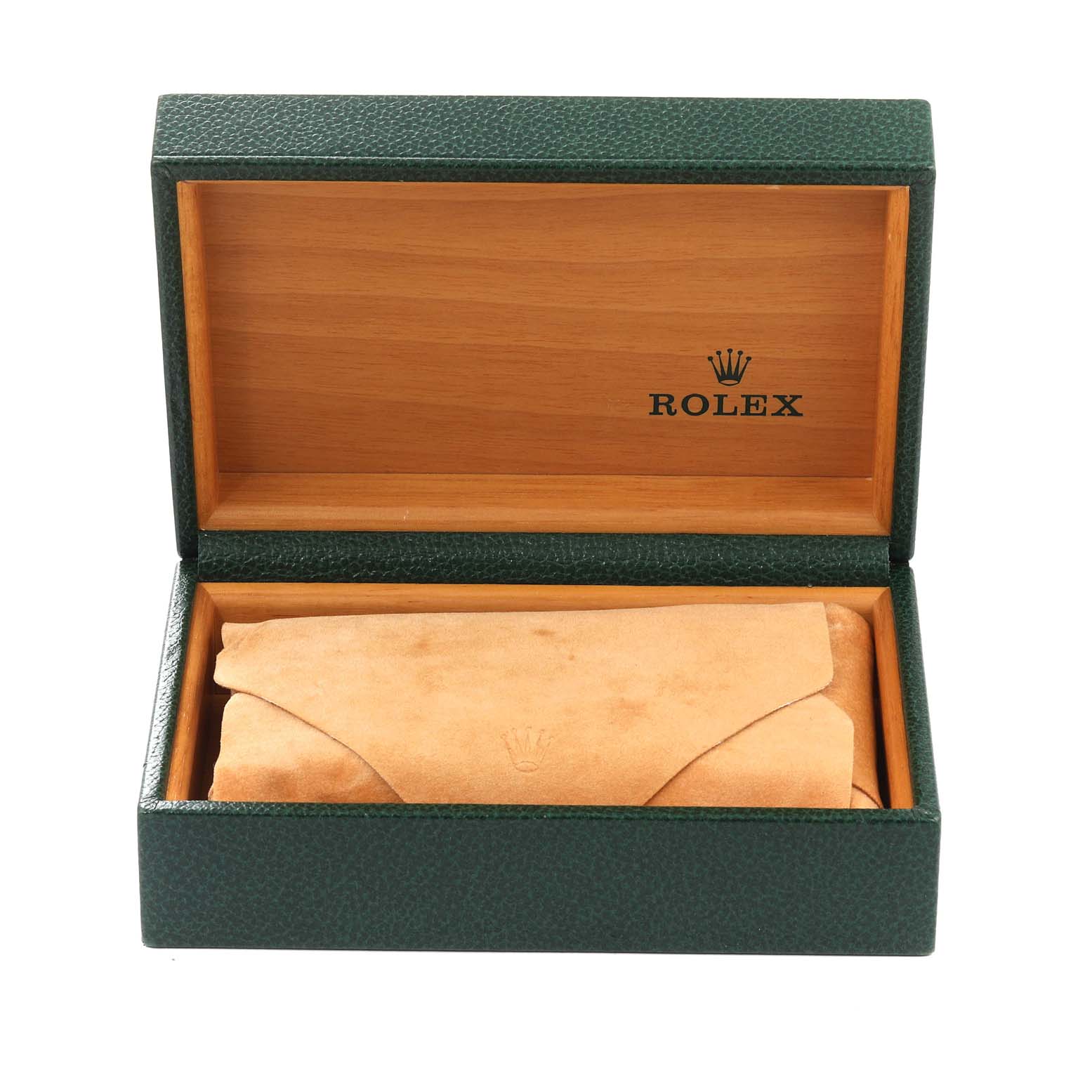 The image shows an open Rolex watch box with a leather pouch inside, likely for the Air-King model.
