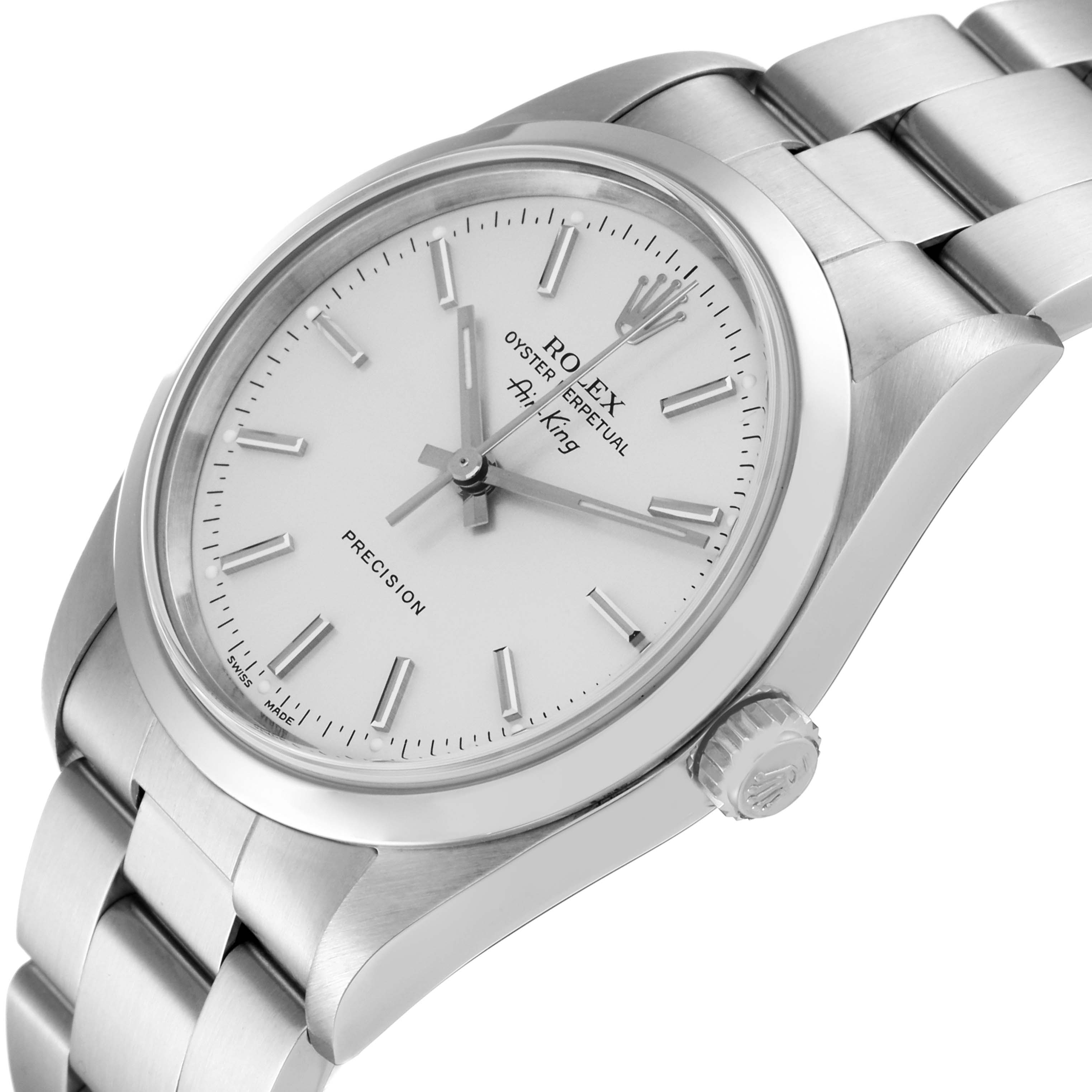The image shows a side angle of the Rolex Air-King 14000 Men's Stainless Steel Silver Dial 14000 Men's Stainless Steel Silver Dial watch, highlighting the dial, bezel, crown, and bracelet.