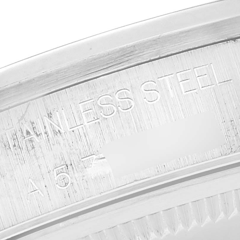 The image shows a close-up view of the inner bezel with "STAINLESS STEEL" engraved on a Rolex Air-King 14000 Men's Stainless Steel Silver Dial 14000 Men's Stainless Steel Silver Dial watch.