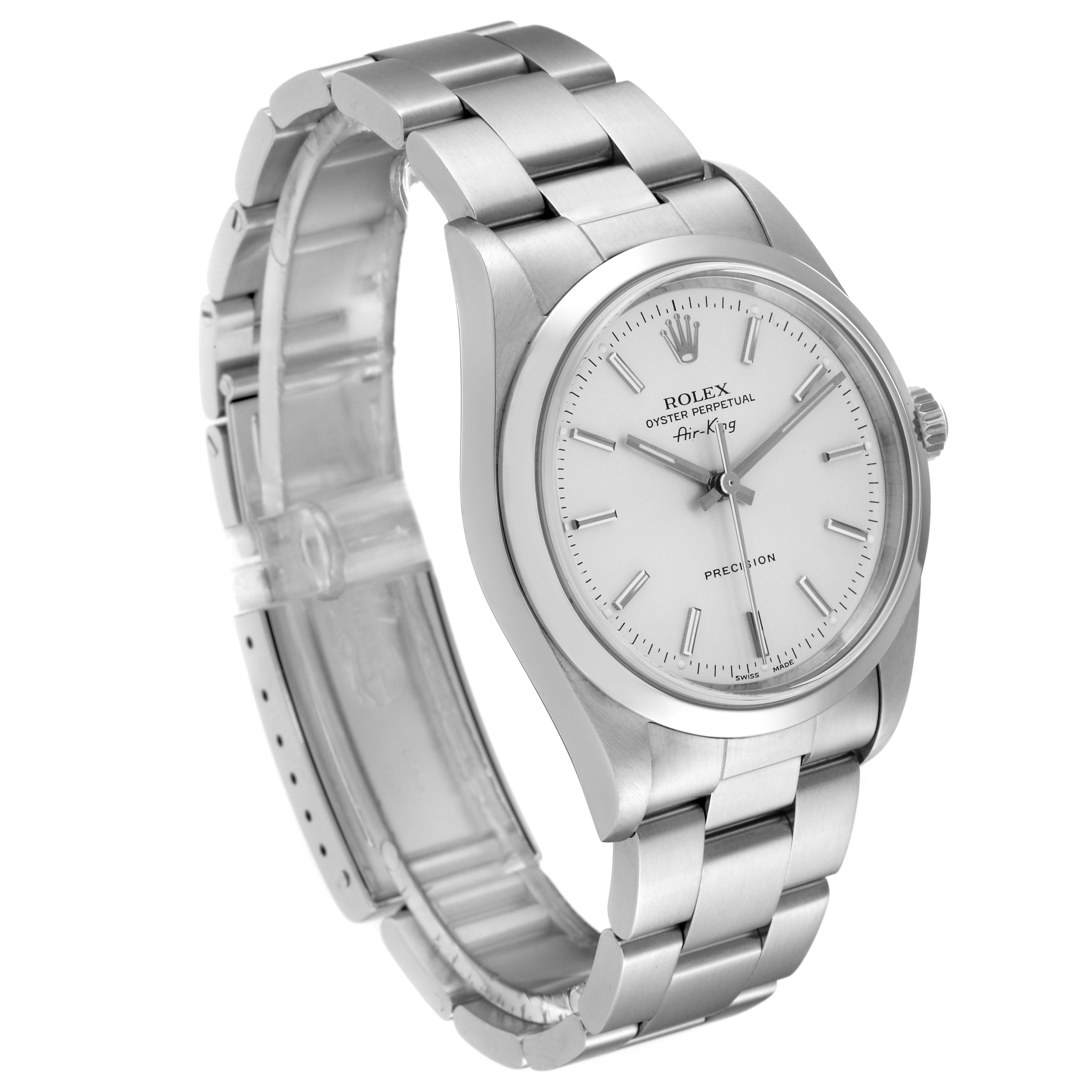 The image shows a side and front angle of the Rolex Air-King 14000 Men's Stainless Steel Silver Dial 14000 Men's Stainless Steel Silver Dial watch, highlighting its stainless steel band and white dial.