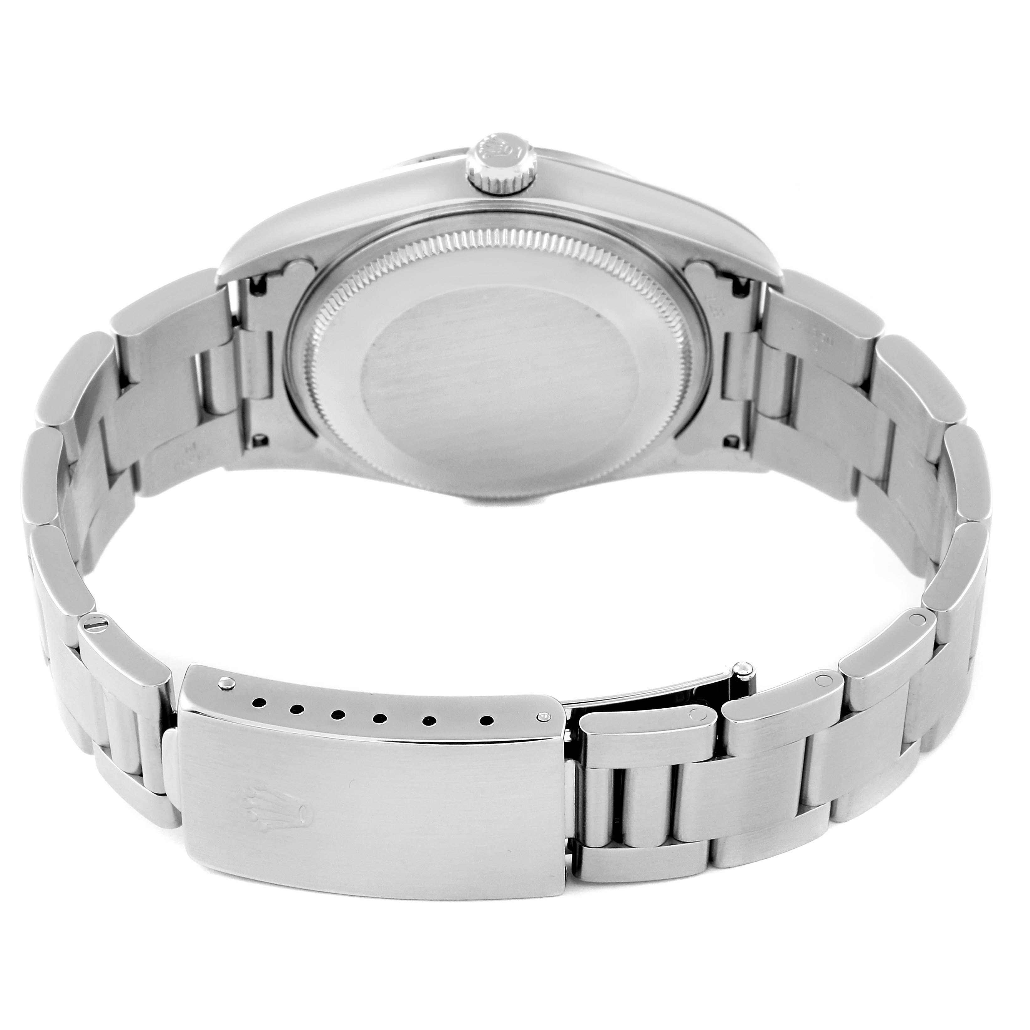 This image shows the back view of a Rolex Air-King 14000 Men's Stainless Steel Silver Dial 14000 Men's Stainless Steel Silver Dial watch, highlighting its case back, bracelet, and clasp.