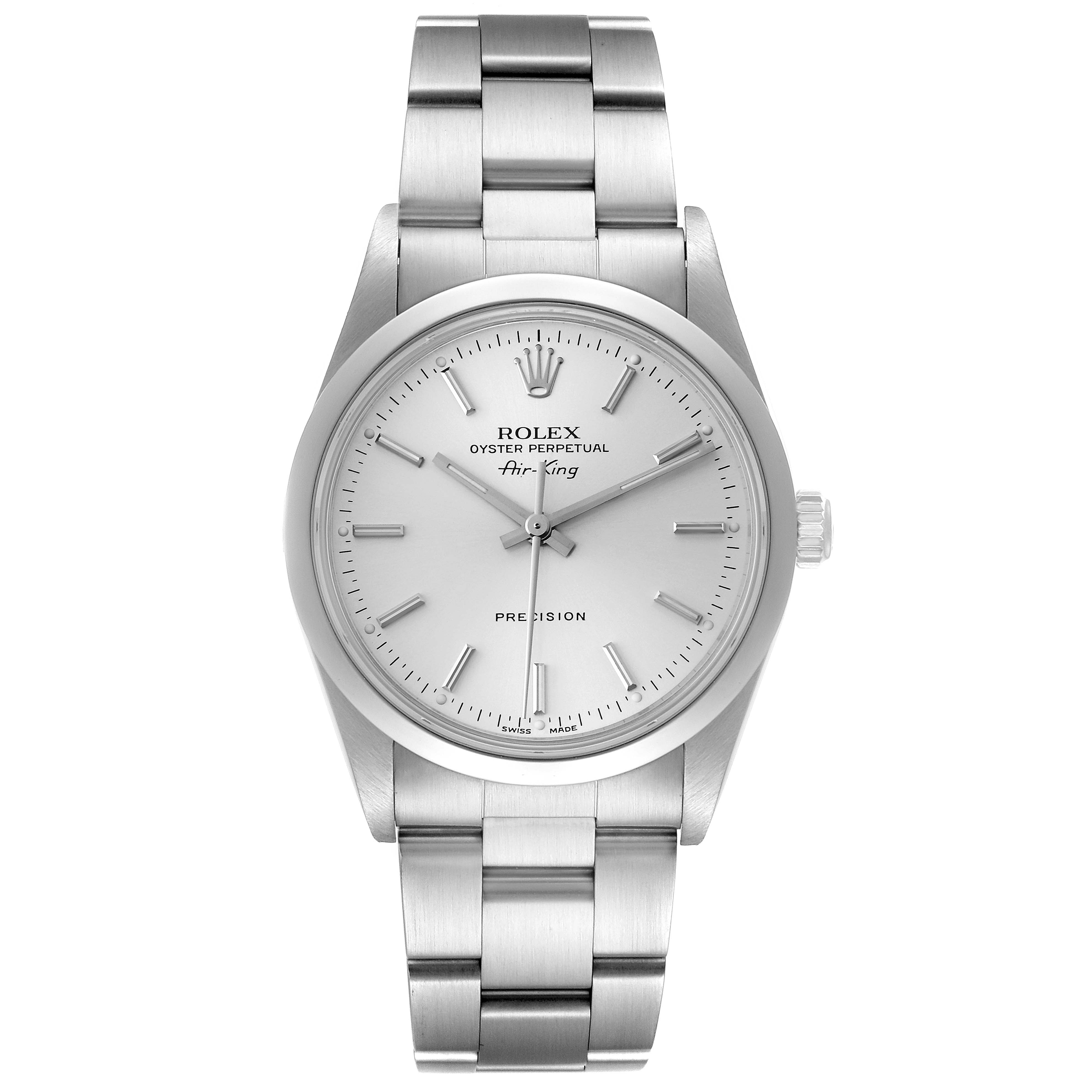The image shows a front view of a Rolex Air-King 14000 Men's Stainless Steel Silver Dial 14000 Men's Stainless Steel Silver Dial model, displaying its dial, hour markers, hands, and metal bracelet.