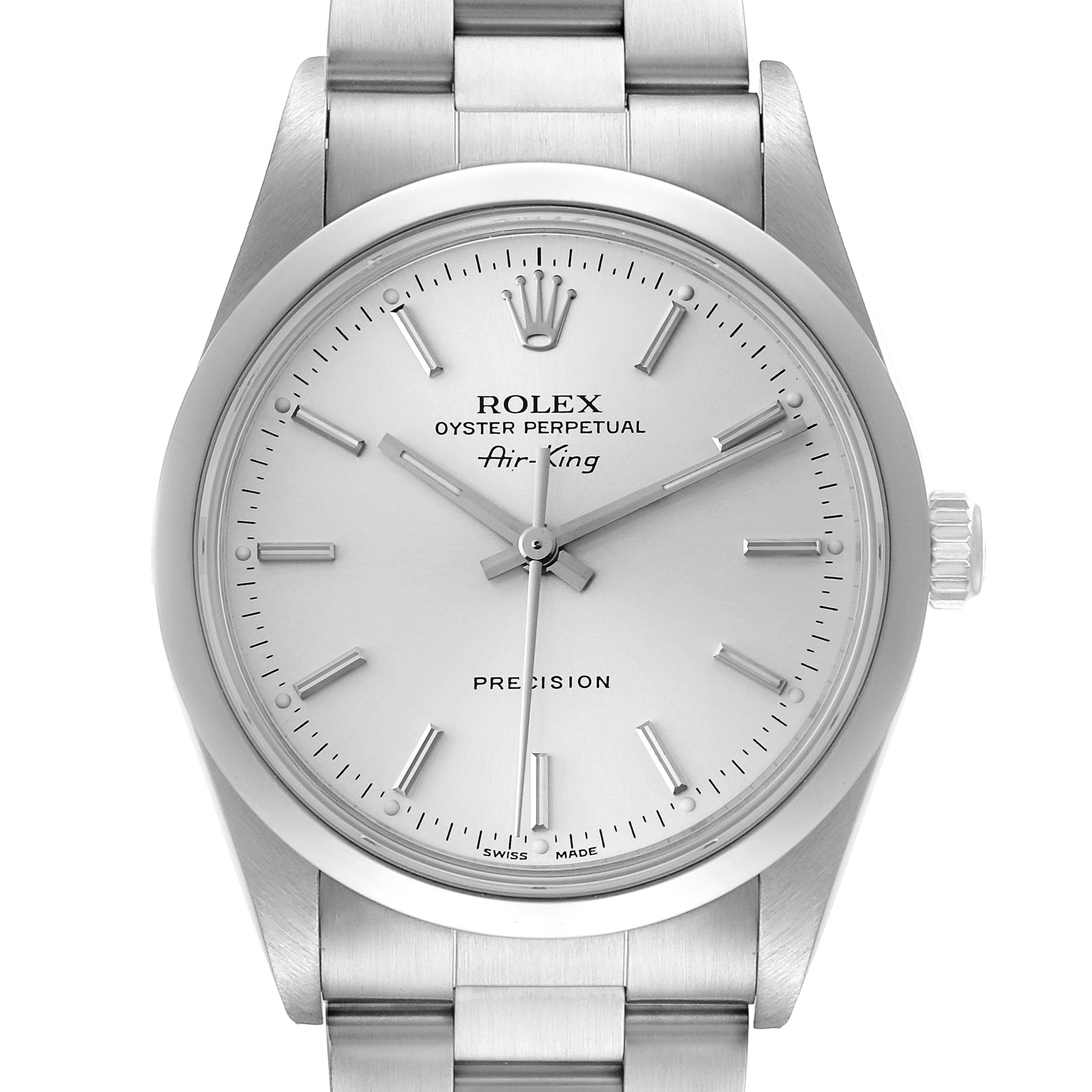 The image shows a front-facing view of a Rolex Air-King 14000 Men's Stainless Steel Silver Dial 14000 Men's Stainless Steel Silver Dial watch, showcasing its dial, hands, markers, and part of the metal bracelet.