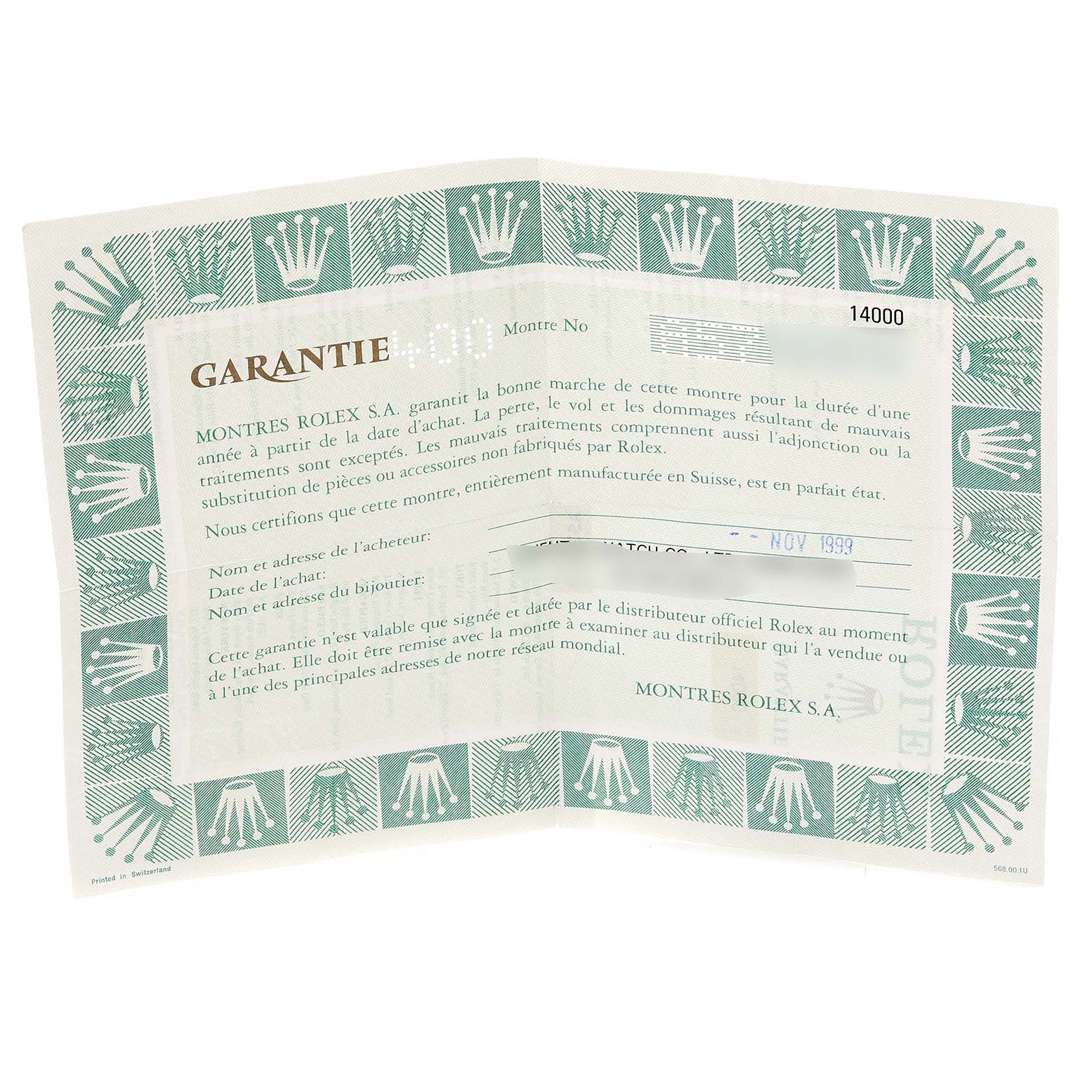 This image shows a warranty certificate for the Rolex Air-King 14000 Men's Stainless Steel Silver Dial 14000 Men's Stainless Steel Silver Dial model, presented flat with green decorative borders featuring the Rolex crown logo.