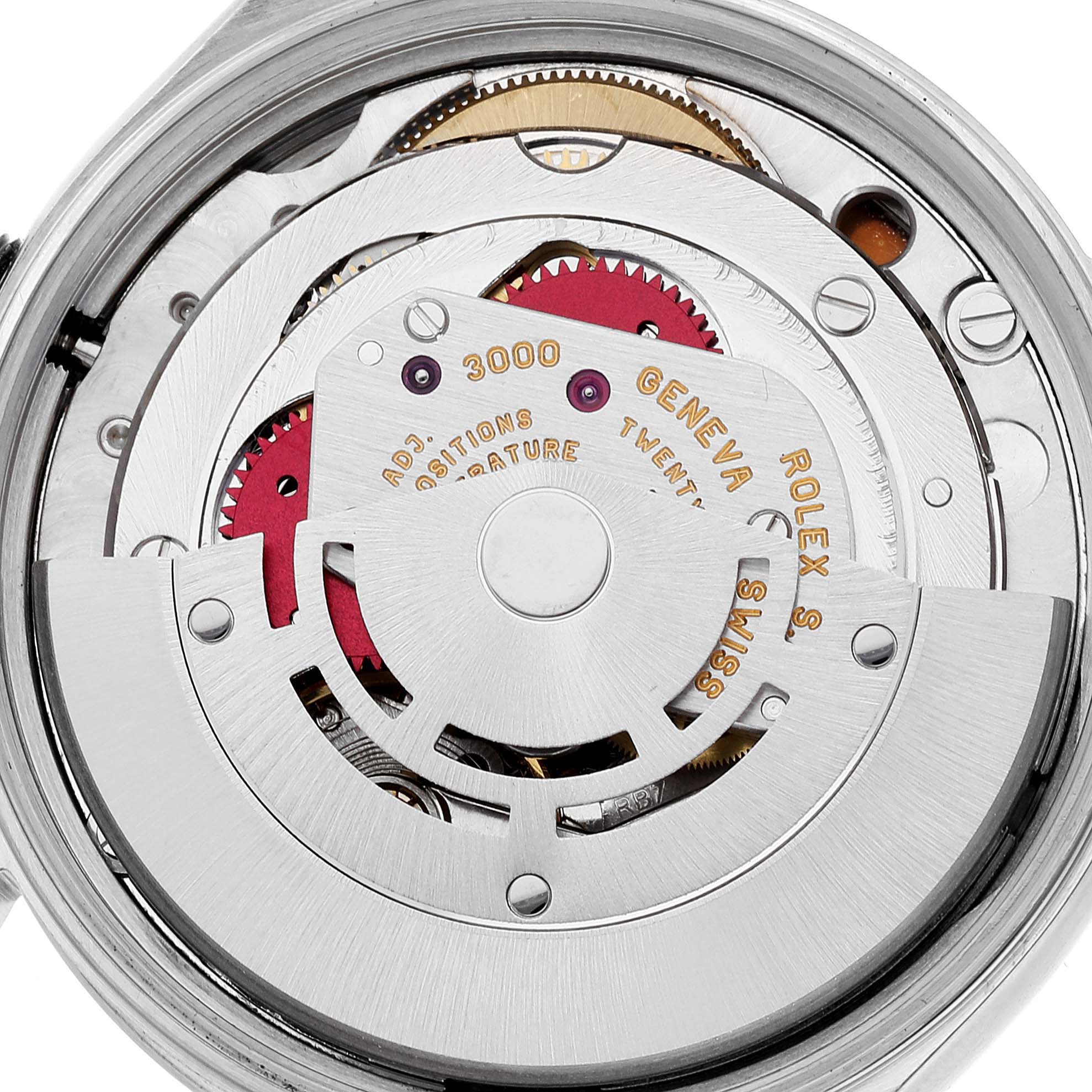 The image shows a close-up of the internal mechanism of a Rolex Air-King 14000 Men's Stainless Steel Silver Dial 14000 Men's Stainless Steel Silver Dial watch, highlighting its intricate movement components.