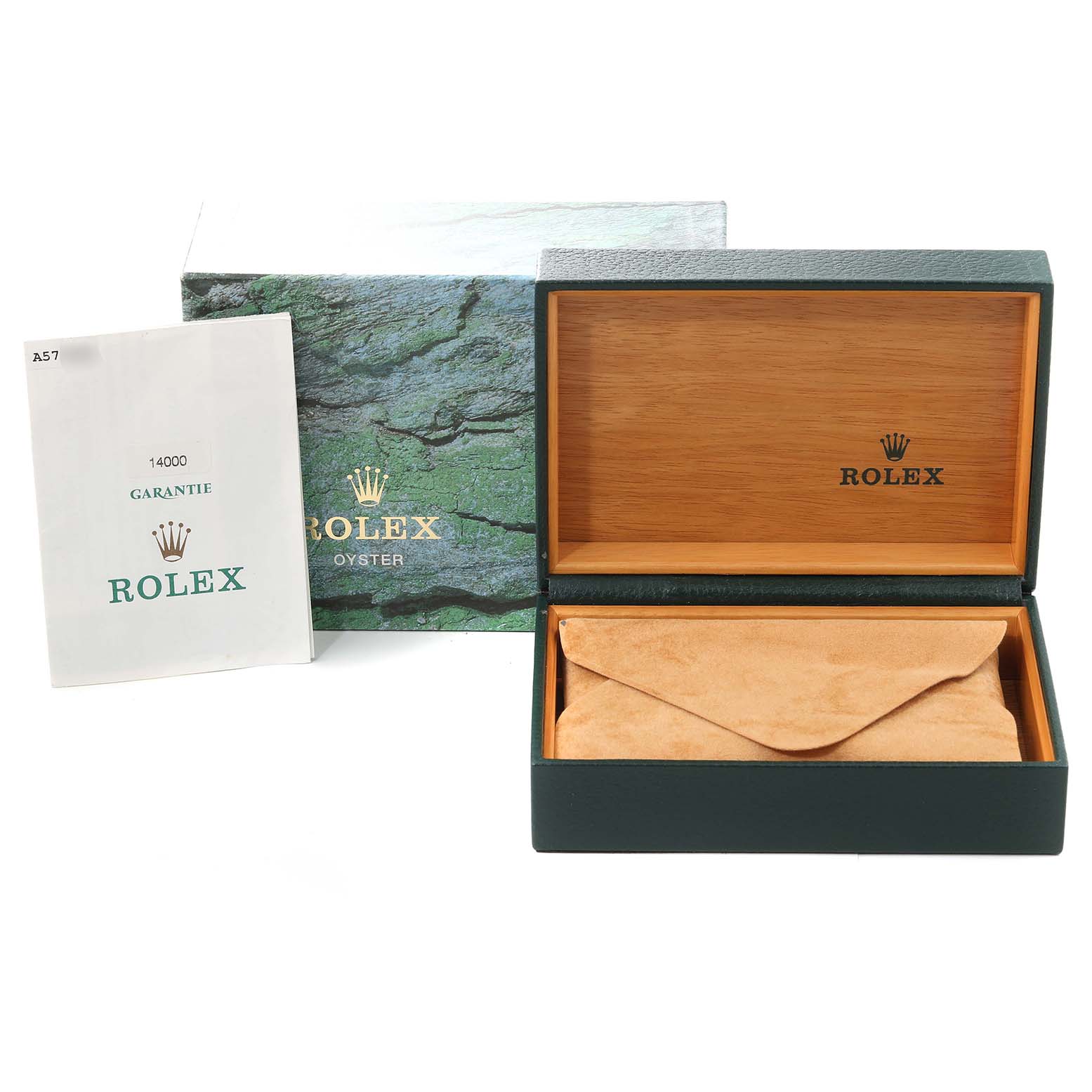 The image shows the packaging, warranty booklet, and box for a Rolex Air-King 14000 Men's Stainless Steel Silver Dial 14000 Men's Stainless Steel Silver Dial watch.