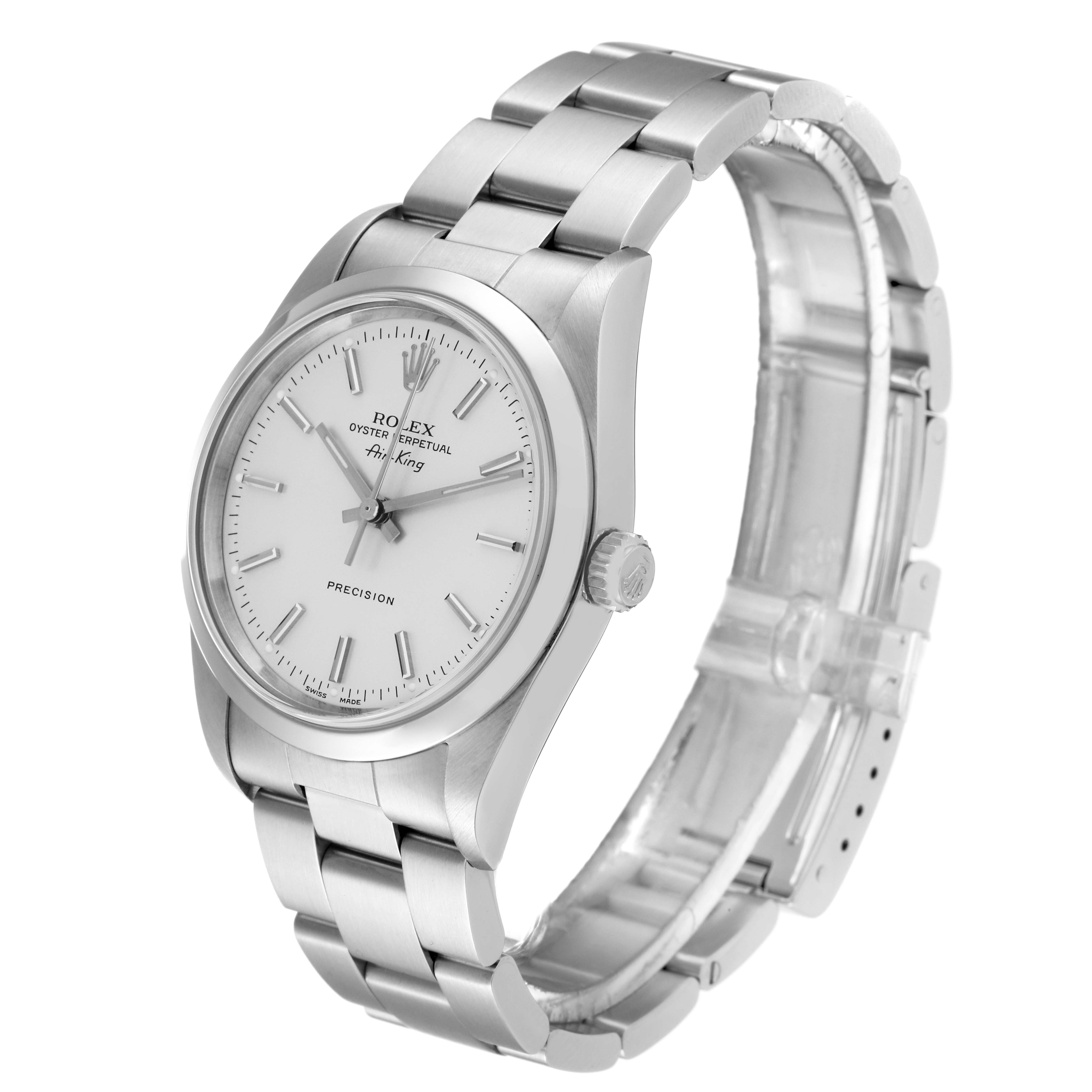 The image shows a side-angle view of a Rolex Air-King 14000 Men's Stainless Steel Silver Dial 14000 Men's Stainless Steel Silver Dial watch, displaying its face, crown, and partially open bracelet.