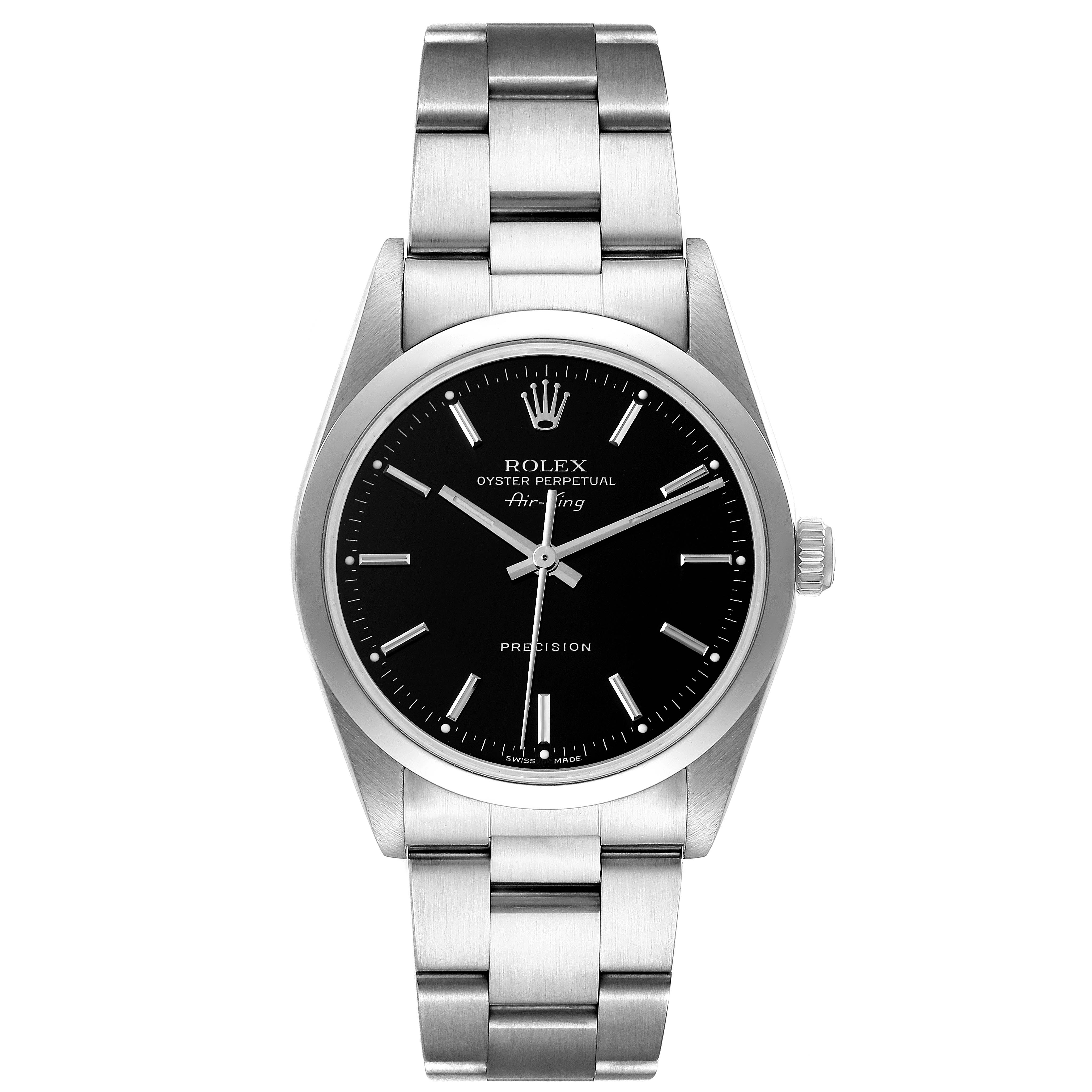 The image shows a front view of a Rolex Air-King 14000 Men's Stainless Steel Black Dial 14000 Men's Stainless Steel Black Dial watch, highlighting its black dial, silver hour markers, and metal bracelet.