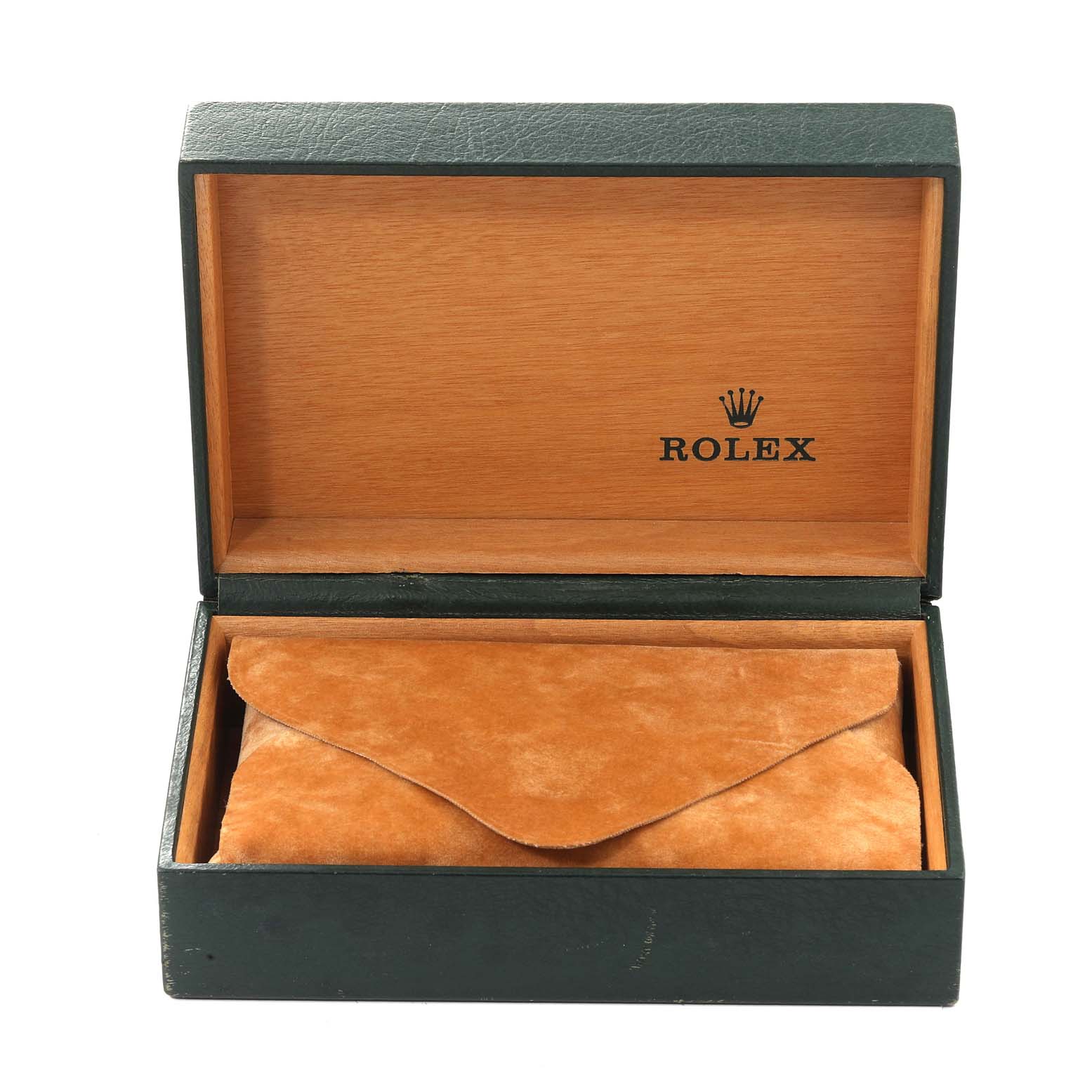 The image shows an open Rolex watch box, revealing a suede pouch inside, for the Air-King model by Rolex.
