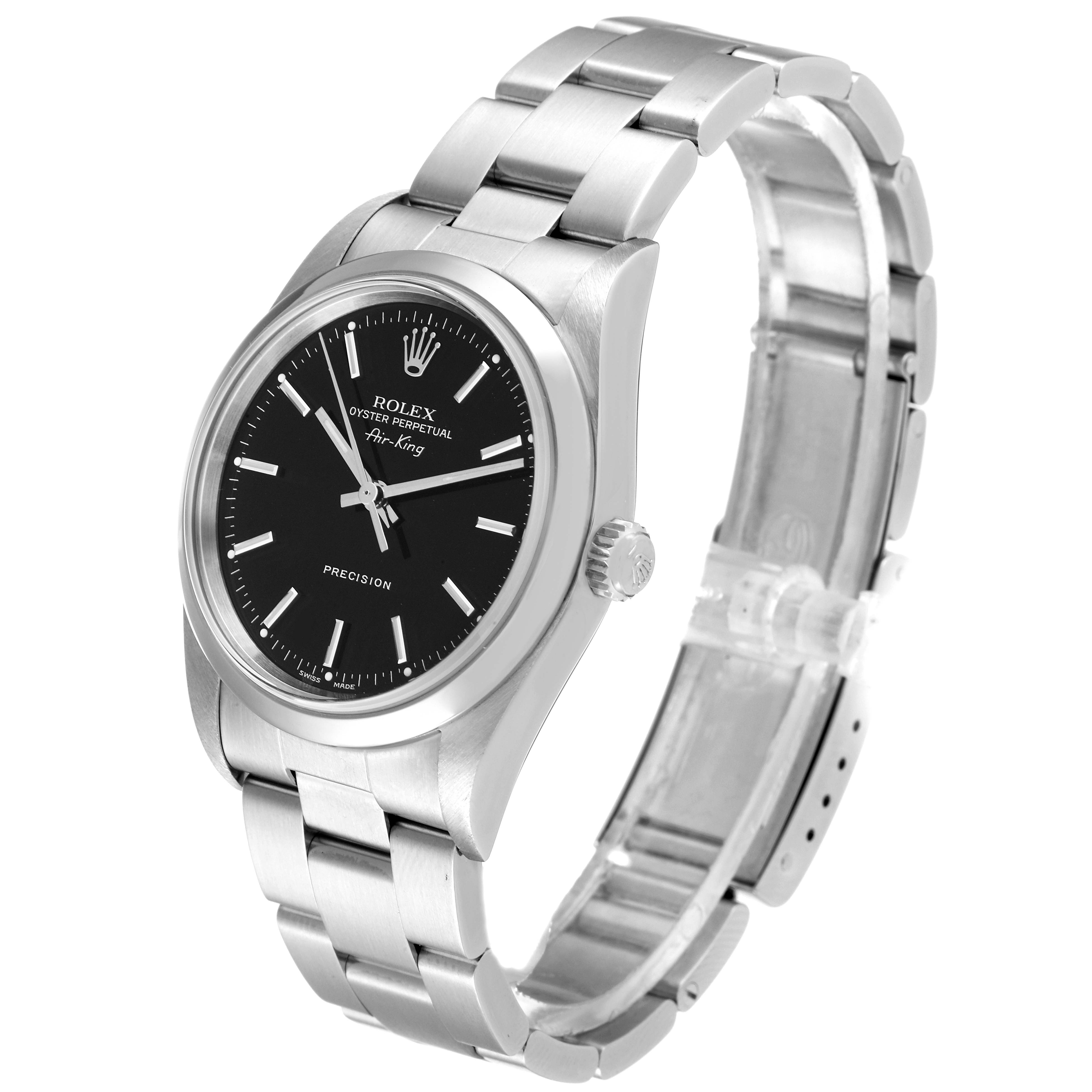 The Rolex Air-King 14000 Men's Stainless Steel Black Dial 14000 Men's Stainless Steel Black Dial watch is shown from a three-quarter angle, highlighting its face, bezel, bracelet, and crown.