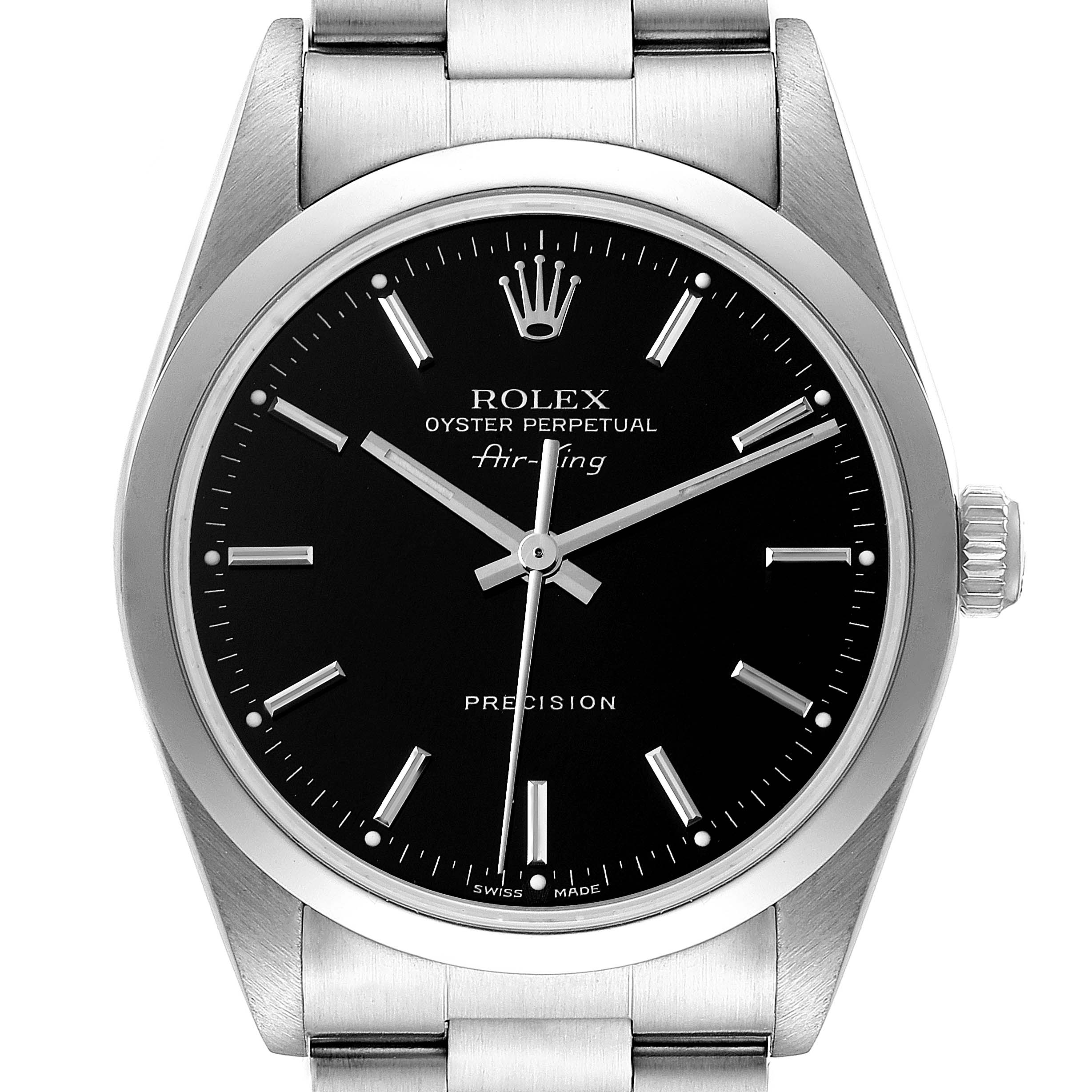 This image displays a Rolex Air-King 14000 Men's Stainless Steel Black Dial 14000 Men's Stainless Steel Black Dial watch from a top-down view, showcasing the face, bezel, and part of the bracelet.