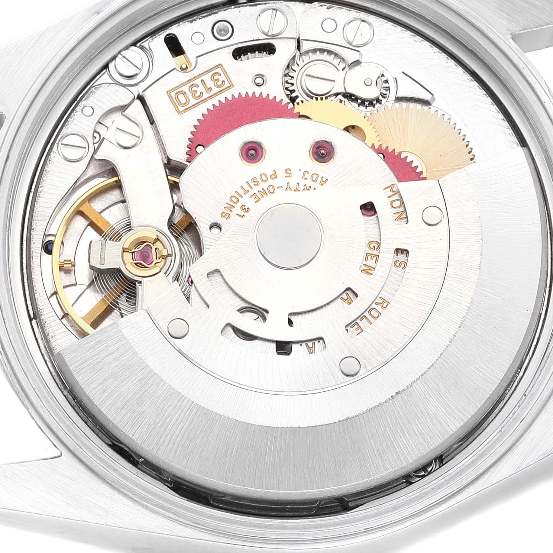 The image shows the internal mechanical movement and gears of a Rolex Air-King 14000M Men's Stainless Steel Black Dial 14000M Men's Stainless Steel Black Dial watch, viewed from the back.