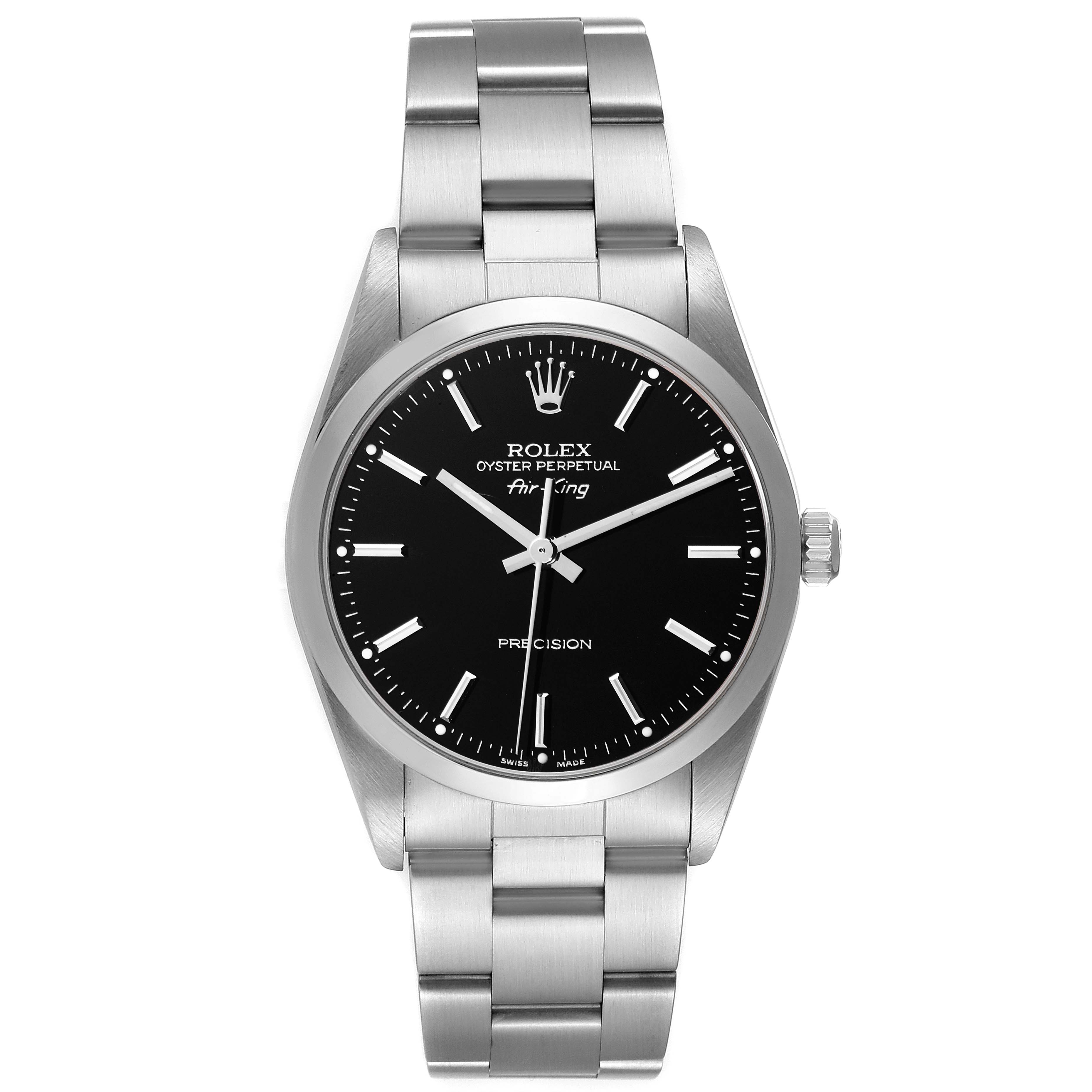 This Rolex Air-King 14000M Men's Stainless Steel Black Dial 14000M Men's Stainless Steel Black Dial watch is shown from a front angle, highlighting the face, bezel, crown, and bracelet.