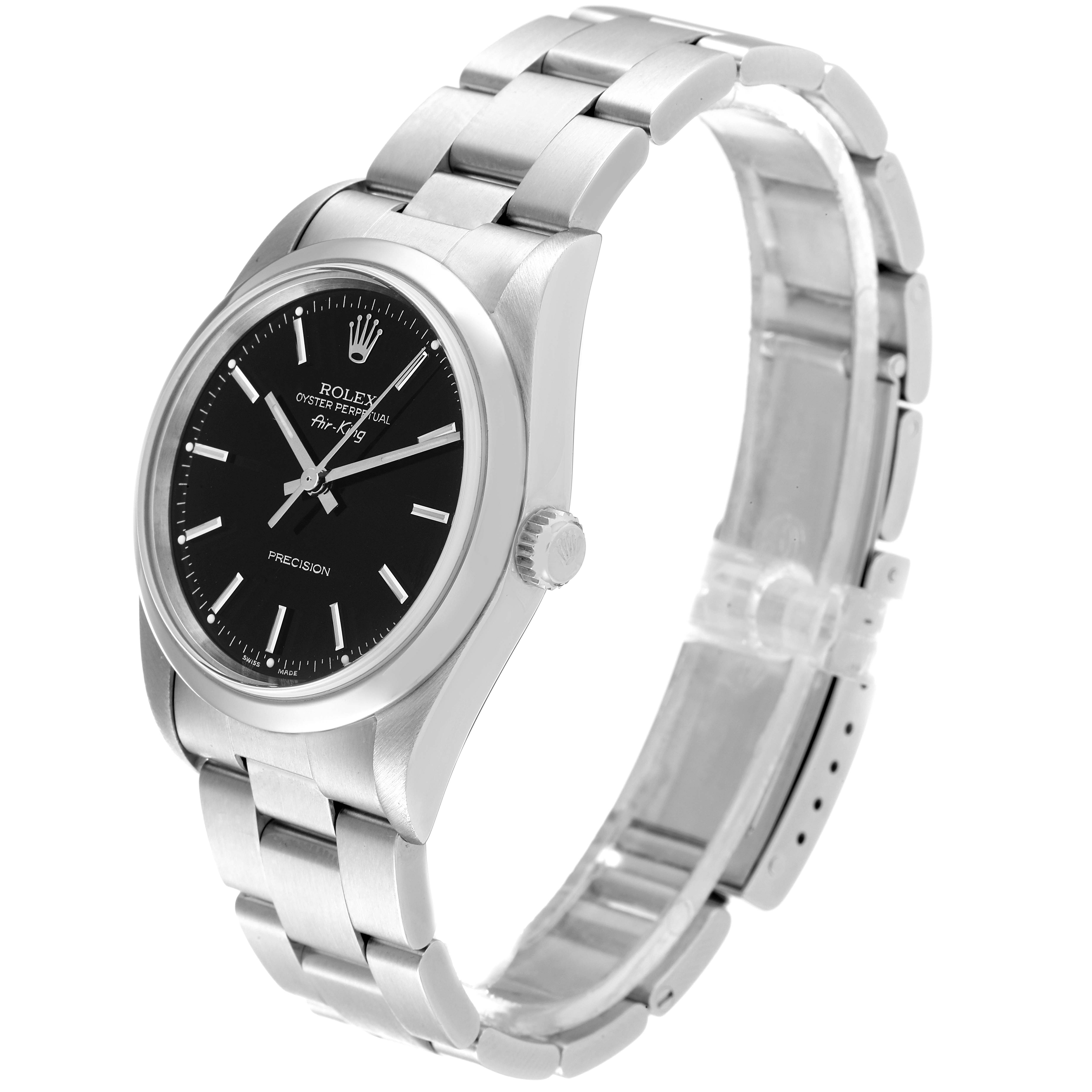 The image shows a Rolex Air-King 14000M Men's Stainless Steel Black Dial 14000M Men's Stainless Steel Black Dial watch from a front-left angle, displaying the face, case, and bracelet.