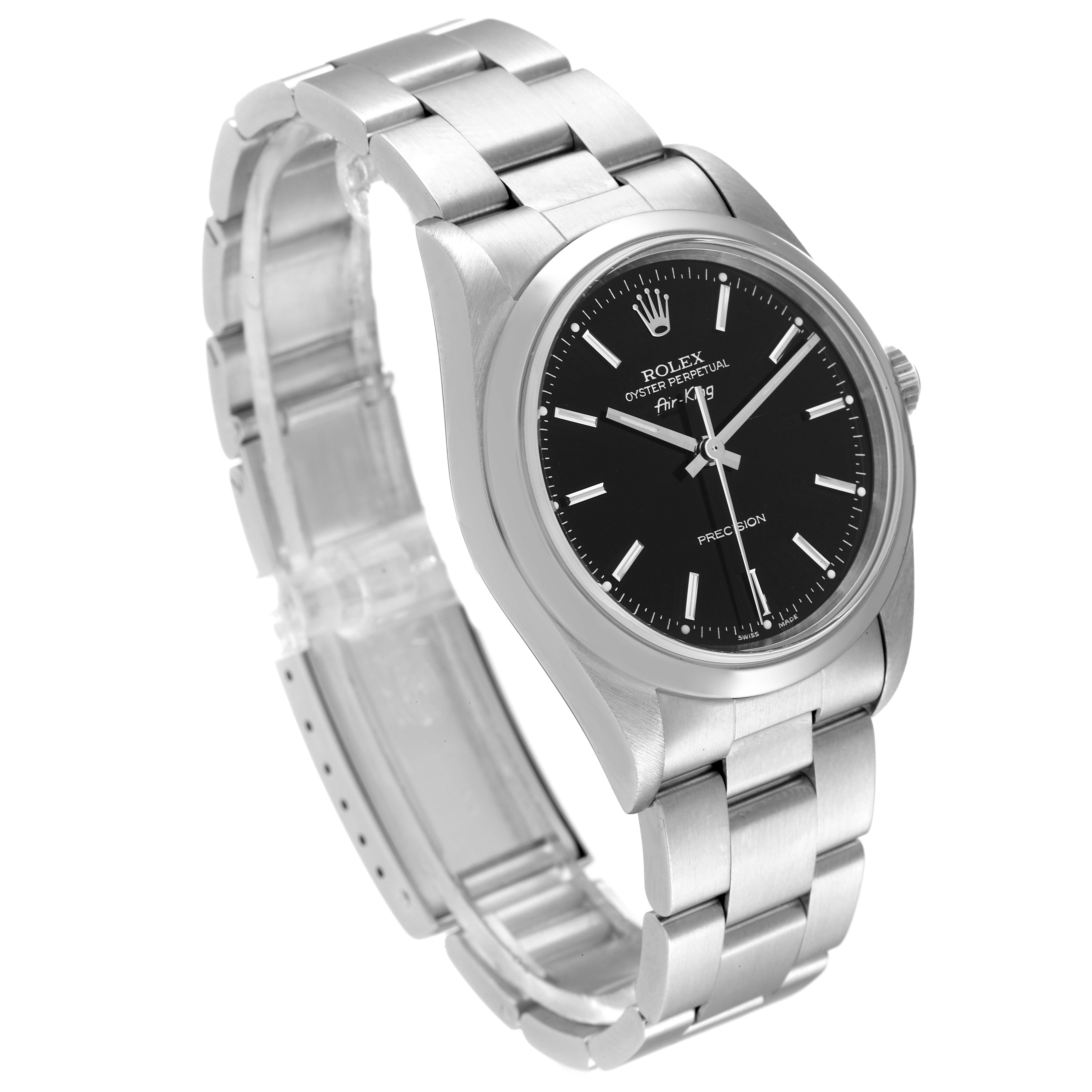 The image shows an angled view of the Rolex Air-King 14000M Men's Stainless Steel Black Dial 14000M Men's Stainless Steel Black Dial watch, highlighting the bracelet, case, crown, and black dial.