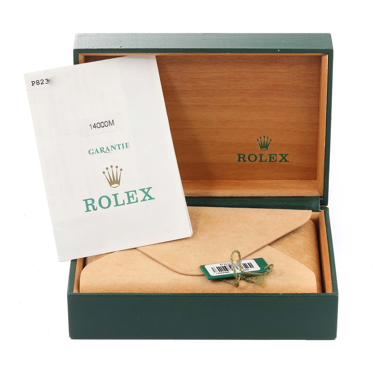 The image shows the open box and warranty card for a Rolex Air-King 14000M Men's Stainless Steel Black Dial 14000M Men's Stainless Steel Black Dial watch, with the tag and packaging also visible.